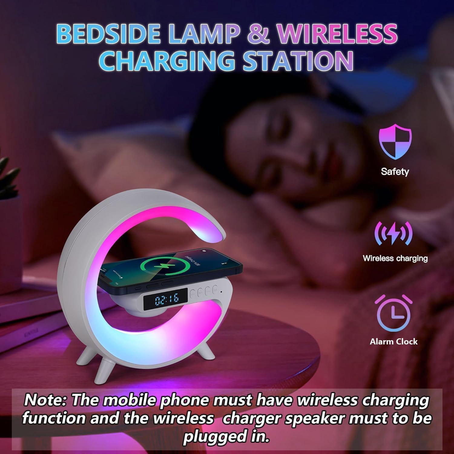 Leenabao Mini Wireless Speaker Lamp With Alarm Clock, Wireless Charging, Atmosphere Light, Bedside Table Lamp (White)