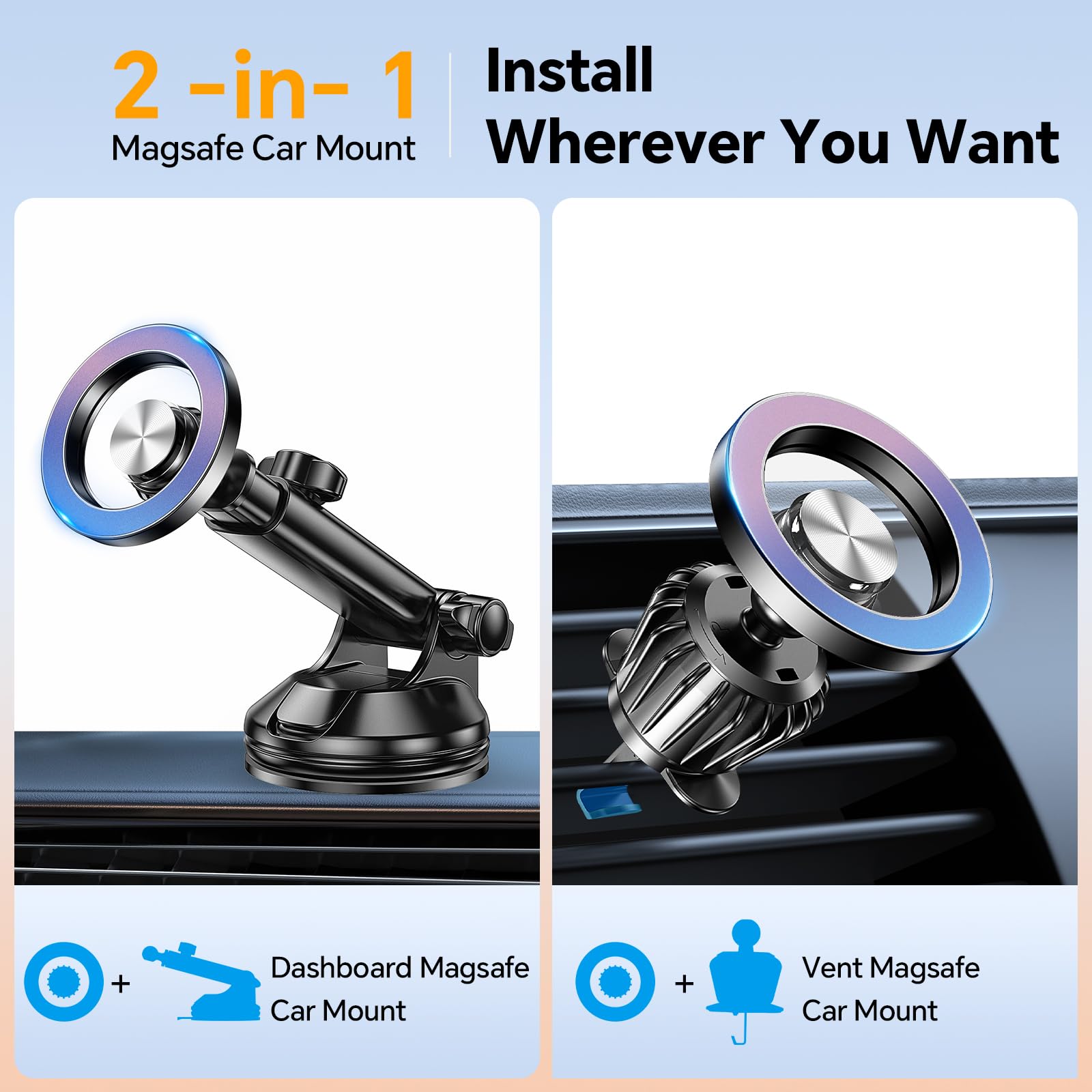 Coolpow For Magsafe Car Mount【 Windshield + Vent + Dash 】 Magnetic Phone Holder For Car Phone Holder Mount Cell Phone Holders For Your Car Truck Suction Car Phone Mount For Iphone 16 Pro Max 15 14 13 12 Plus