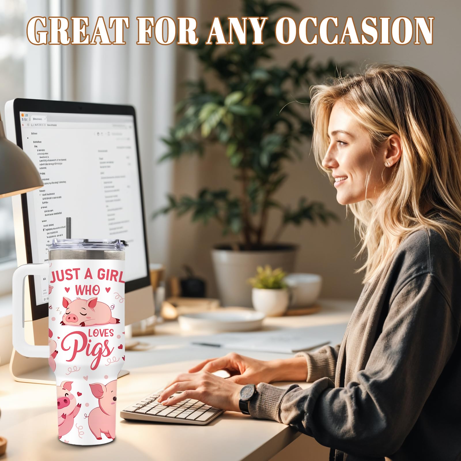 40 Oz Pig Tumbler With Handle And Straw, Just A Girl Who Loves Pig Tumbler, Cute Stainless Steel