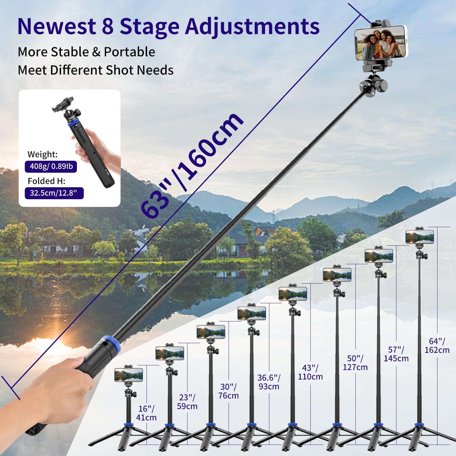Kaitezenz Selfie Stick Tripod For Gopro Camera, 64" Extendable Stand With 360° Ball Head 1/4" Screw, Portable Lightweight Camera Tripod For Gopro Max Hero 11 10 9 8 7 6 5 Dji Osmo Action Phone