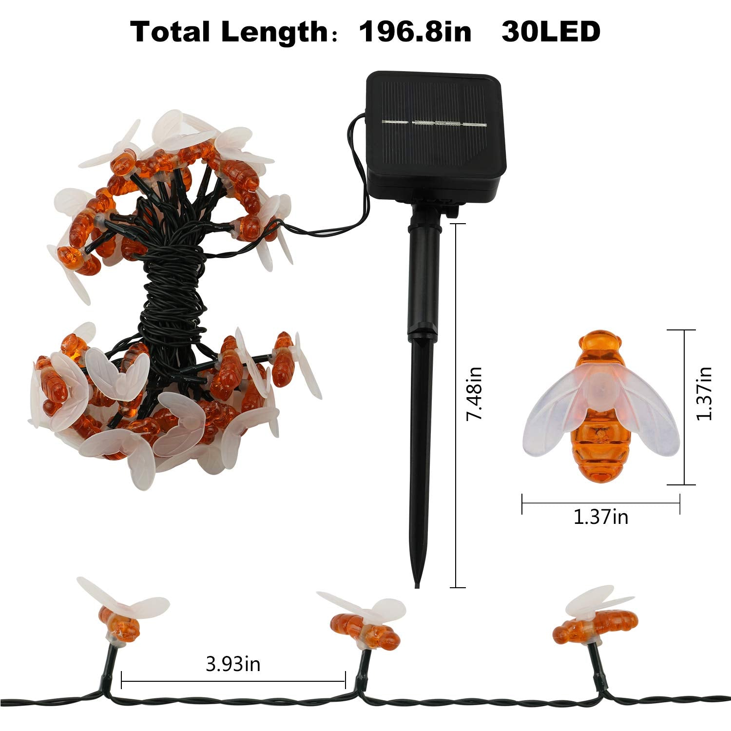 Pacjoy Solar Honeybee String Lights 30Led Outdoor Waterproof Simulation Cute Bee Shape Fairy String Light Decor For Garden Patio Xmas Decorations Warm White