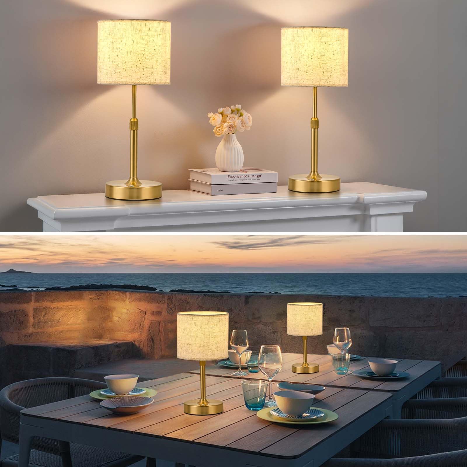 Sisihokai Portable Rechargeable Cordless Table Lamp, Touch Dimmable Battery Operated Lamp, Height Adjustable Bedside Lamp, Ambient Light For Kitchen, Patio, Restaurant, Antique Brass, Linen