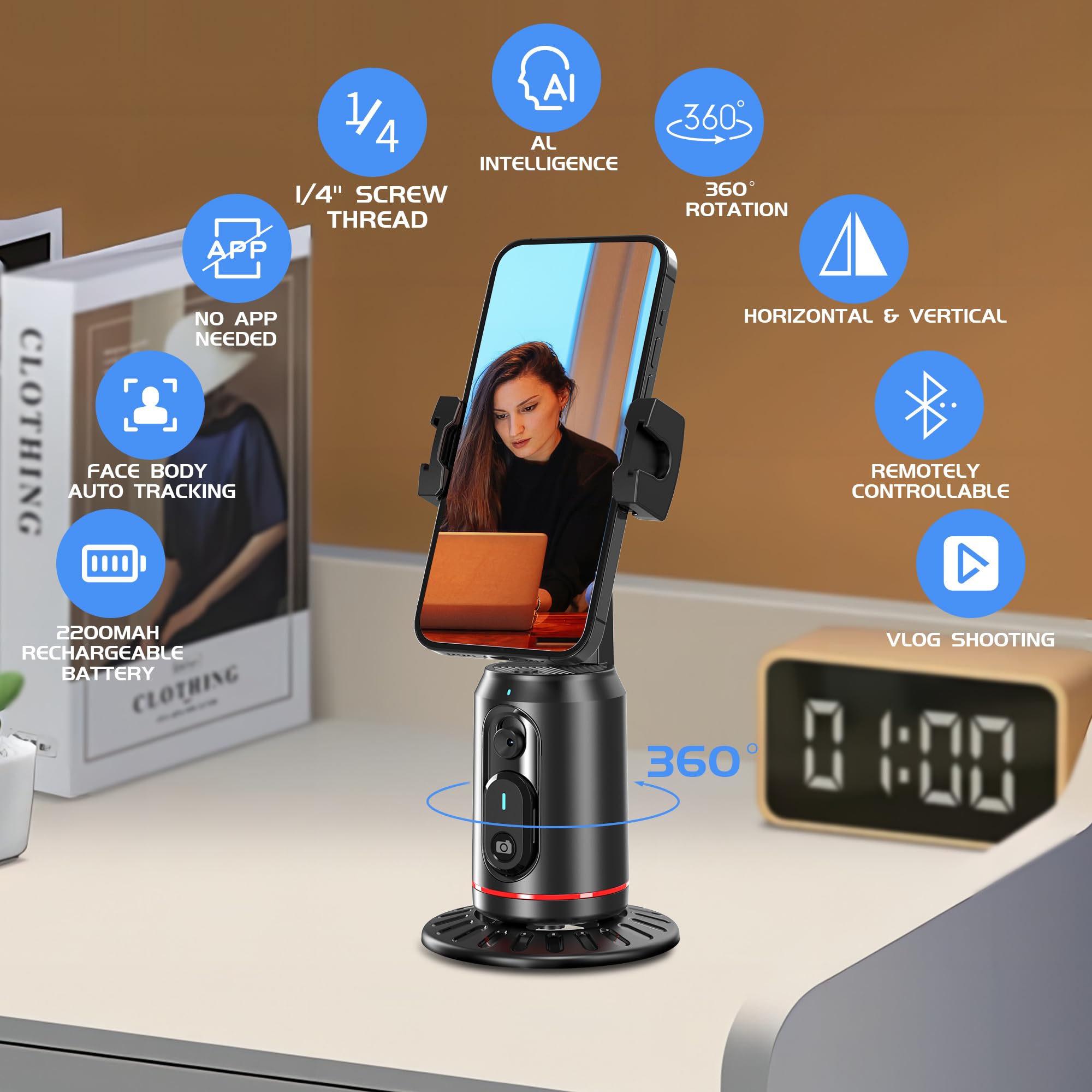 Eug-Products Auto Face Tracking Phone Holder For Phone, Gopro, Compact Camera, 360° Rotation Mount With Remote Compatible With Tripod, Rotating Stand For Iphone For Vlog, Streaming, Video, Facetime, Tik Tok