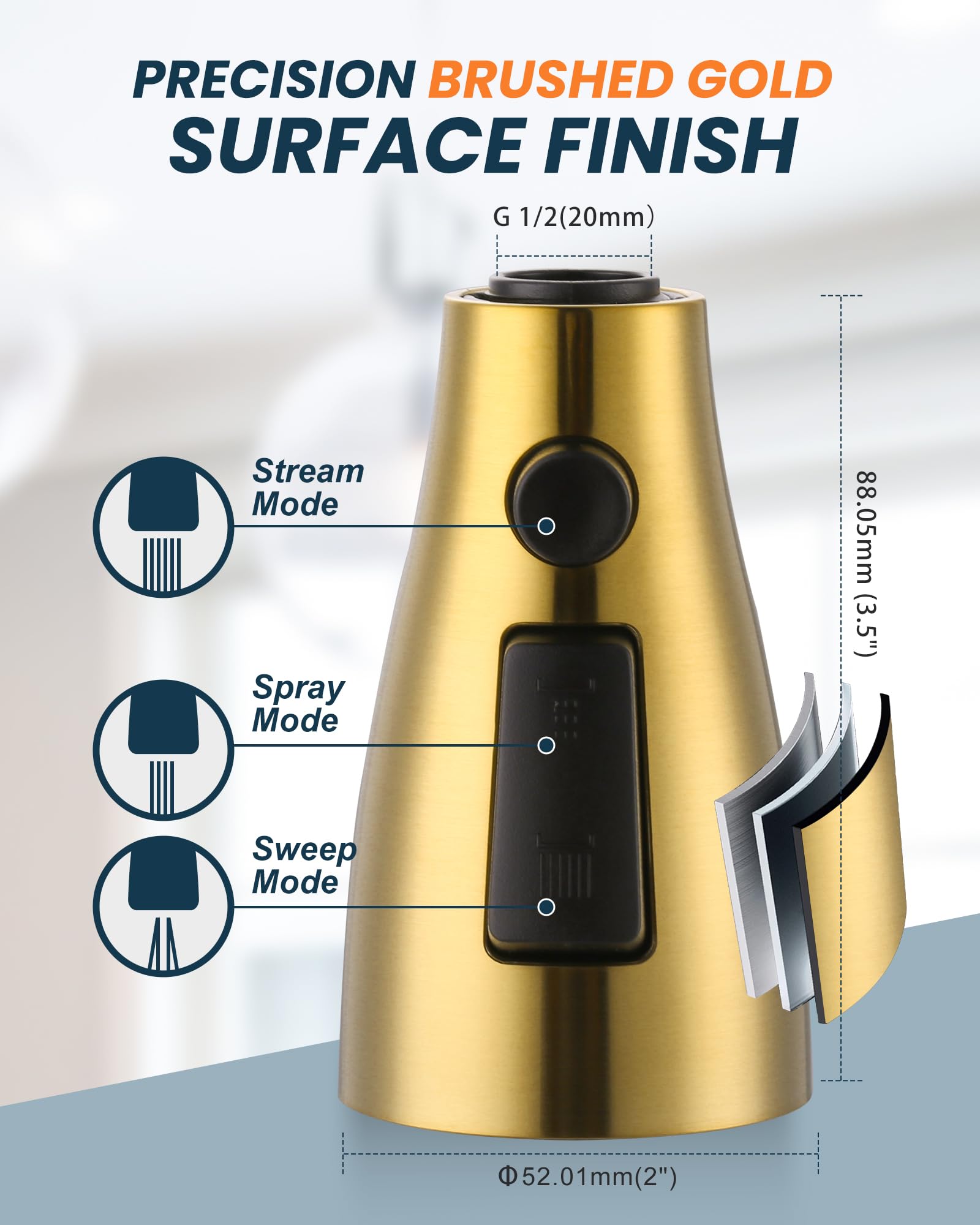 Arcora Kitchen Faucet Spray Head Brushed Gold, 3-Function Kitchen Sink Spray Nozzle With 9 Adapters, Kitchen Faucet Head Replacement Compatible With Moen, Delta, American Standard Faucets
