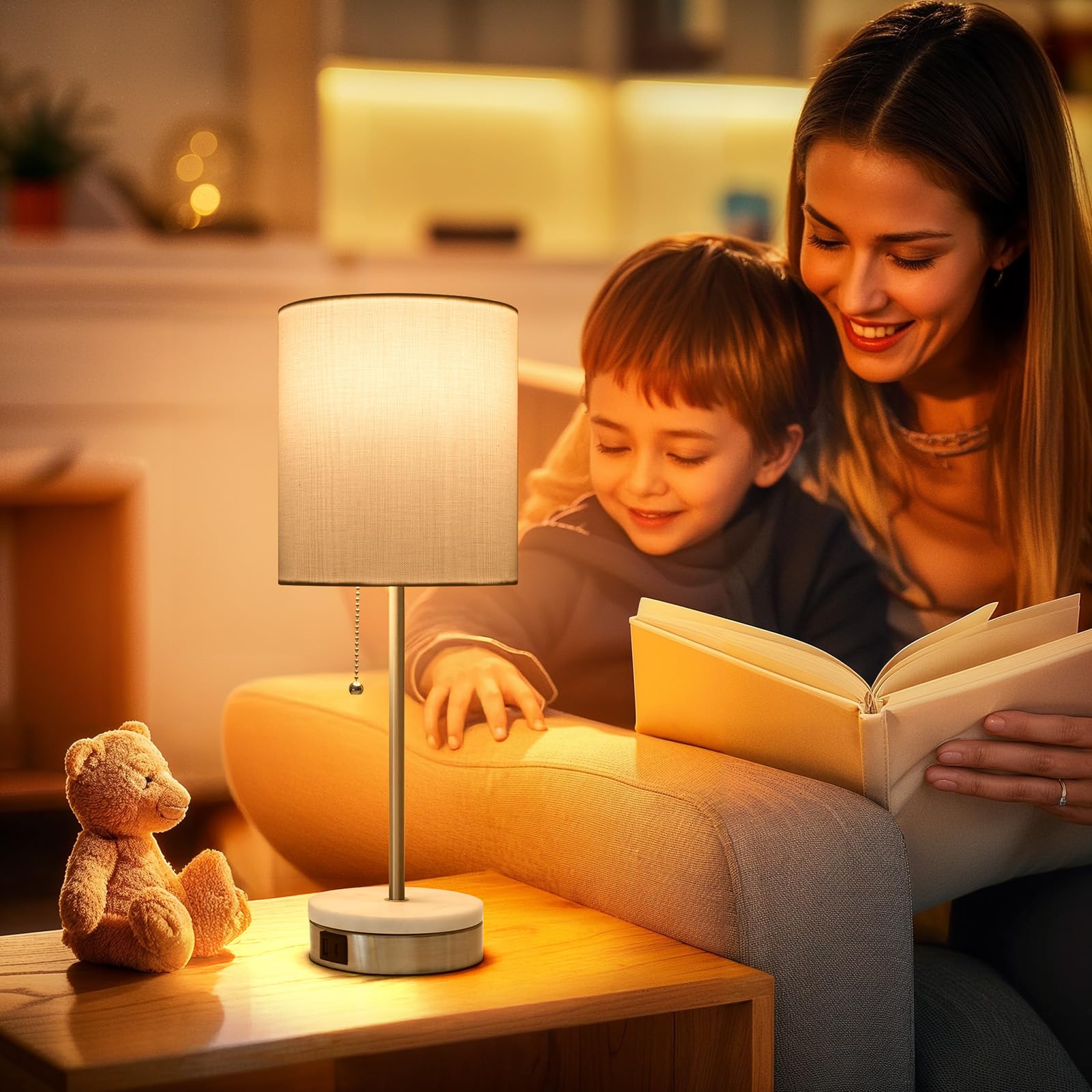 Velxee Marble Table Lamp, Bedside Lamps With Pull Chain For Bedroom, Lamp For Night Stands With Usb Ports And Square Shade For Living Room Home Decor, Bulb Included