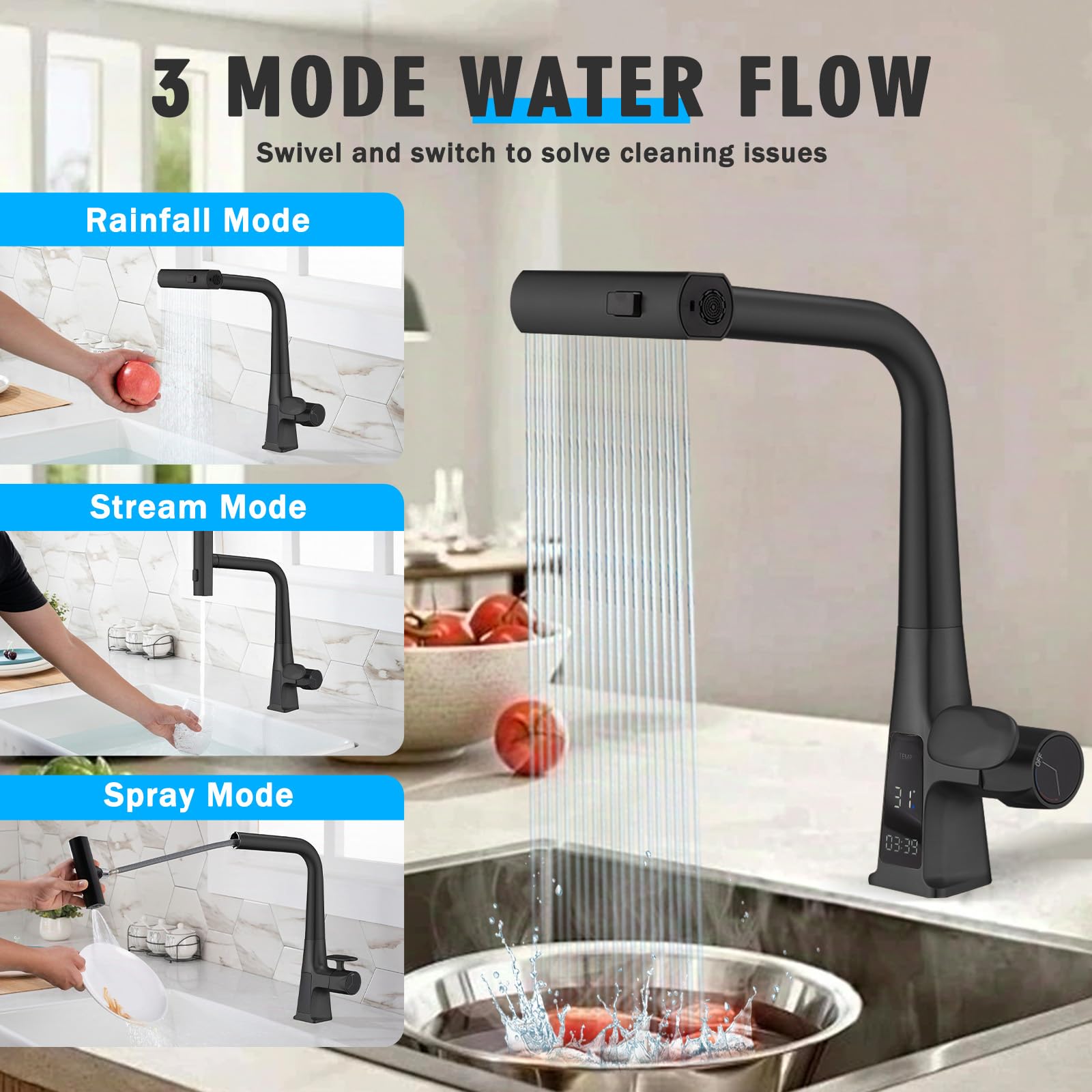Hghbatth Black Waterfall Kitchen Sink Faucet With Led Temperature And Usage Time Display, Single Hole Kitchen Rain Faucet With Pull Down Sprayer, 3 Modes(Waterfall, Stream, Sweep) 360° Swivel -Matte Black