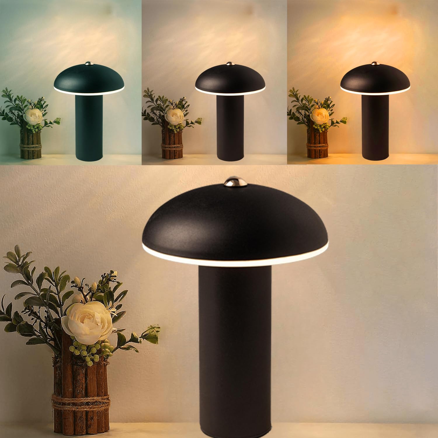 Anshenya Mushroom Lamp Cordless Table Lamp Touch Light Led Rechargeable Dimmable Battery Operated Lights Desk Control Bedside Lamps Offices Restaurant Home Portable Outdoor For Patio Dining Wireless (Black)