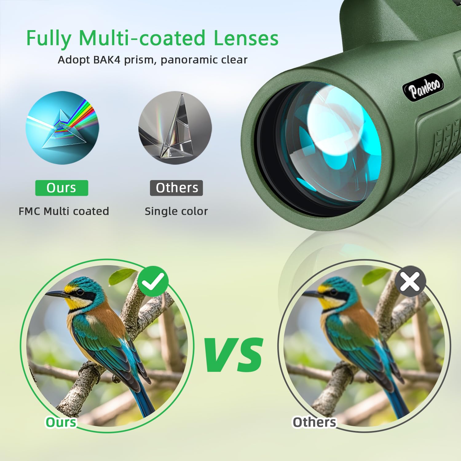 Pankoo 12X50 High Magnification Monocular For Adults - With Smartphone Adapter, Tripod & Hand Strap - Bak4 Prism & Fmc Lens - Suited For Birding, Sports, Hiking & Travel