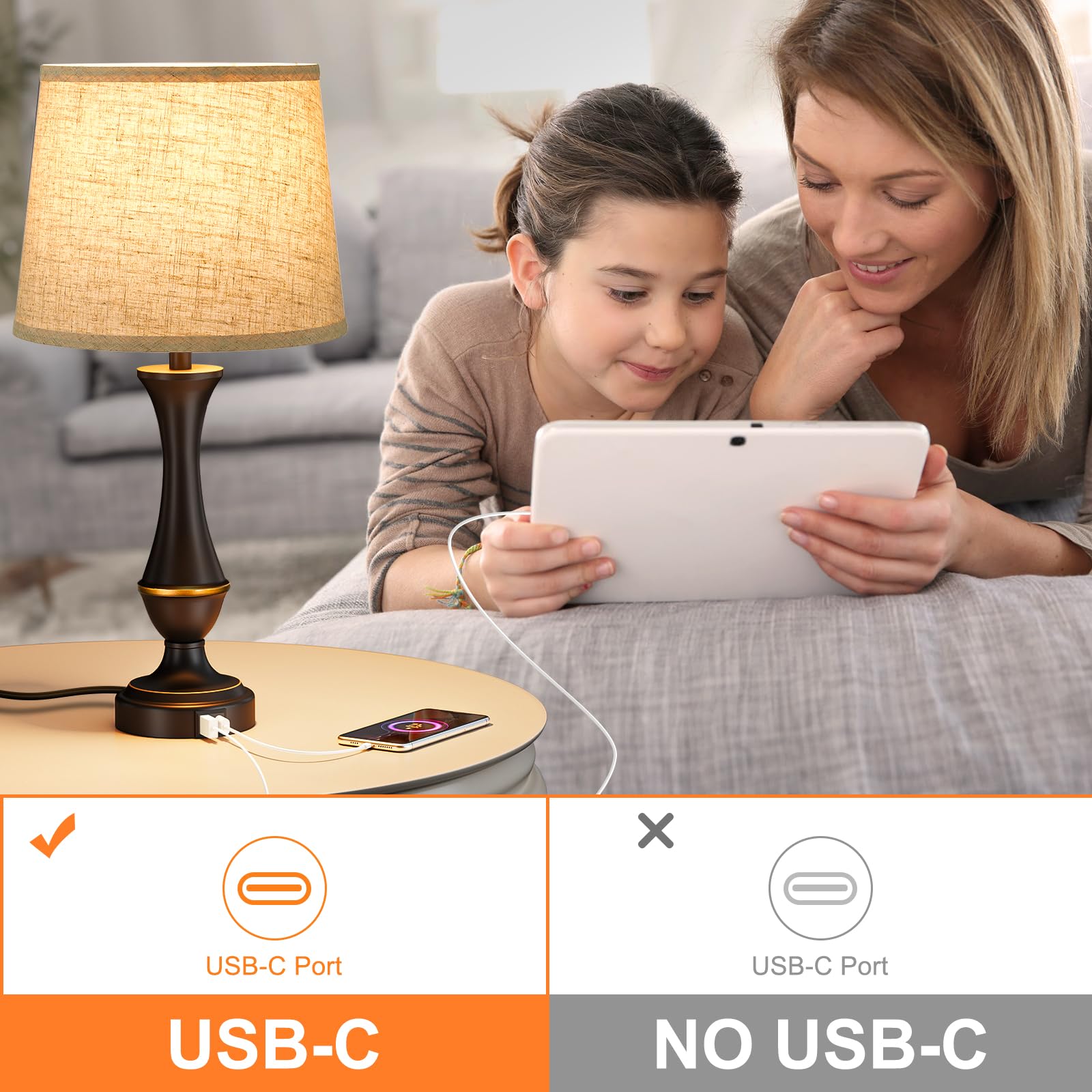 Seealle Touch Lamps For Night Stands Set Of 2 - Bedside Lamps With Usb C+A, 3 Way Dimmable For Bedroom Living Room End Tables Office