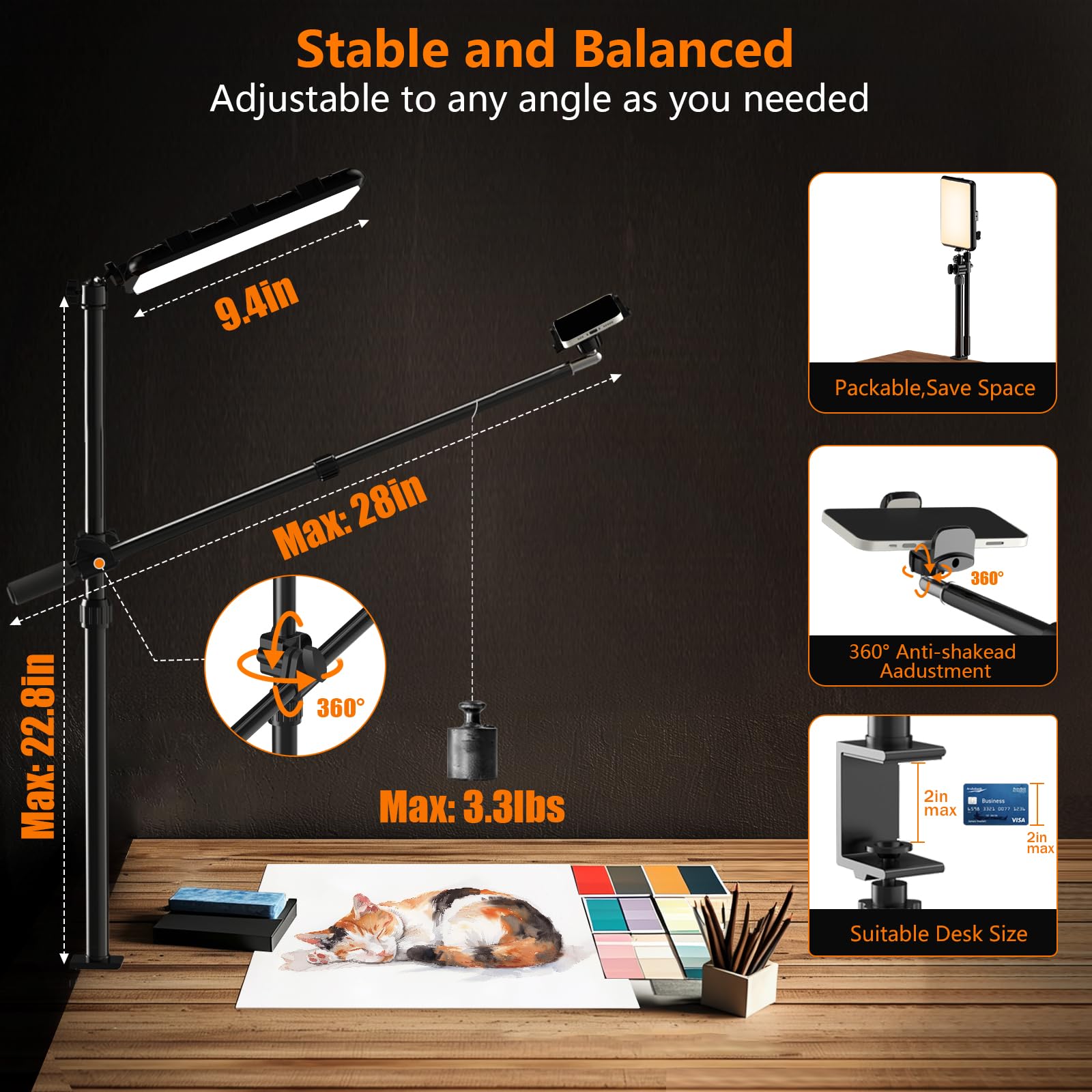 Evershop Ultra Bright Ring Light With Overhead Phone Camera Mount-Desk Clamp Key Light For Video Recording/Streaming/Filming/Photography,Desktop Lighting Kit With Tripod Stand&Phone Holder For Tiktok/Youtube