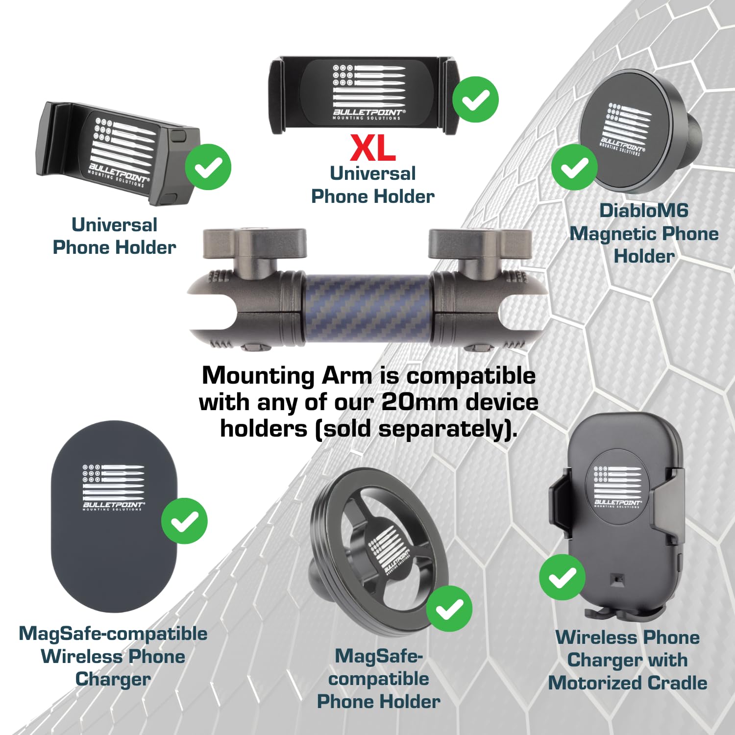 Bulletpoint Mounting Solutions Dash Mount 4.7" Arm Compatible With Iphone And Android Smartphones - Fits 20Mm Attachment Ball (Carbon Fiber + Kevlar)