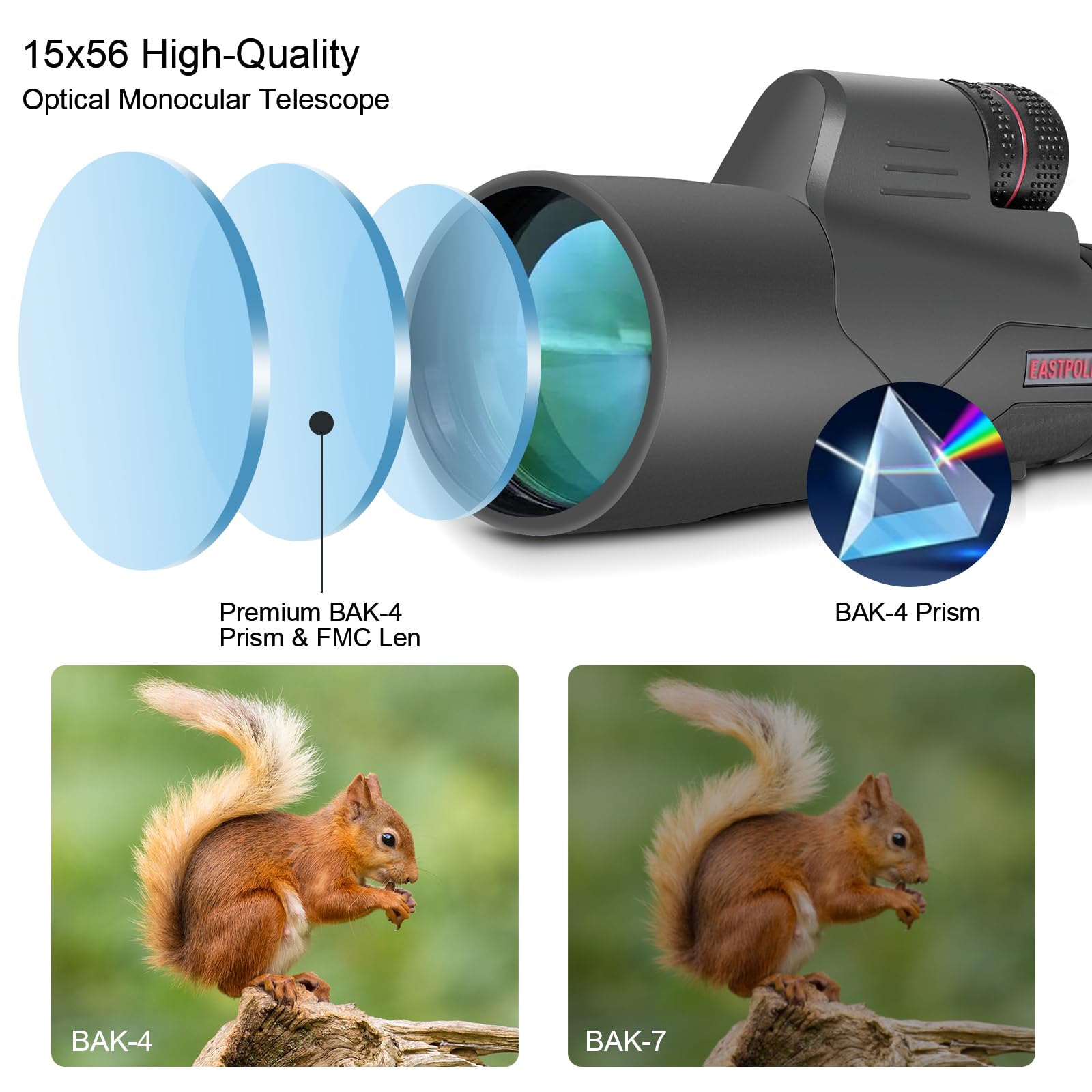 Eastpole 15X56 Monocular Telescope For Bird Watching Hiking Camping Wildlife Viewing, Adjustable Eyecup, Fully Multi-Coated Lenses, Rubber Armor, Non-Slip Grip, Fogproof, Waterproof