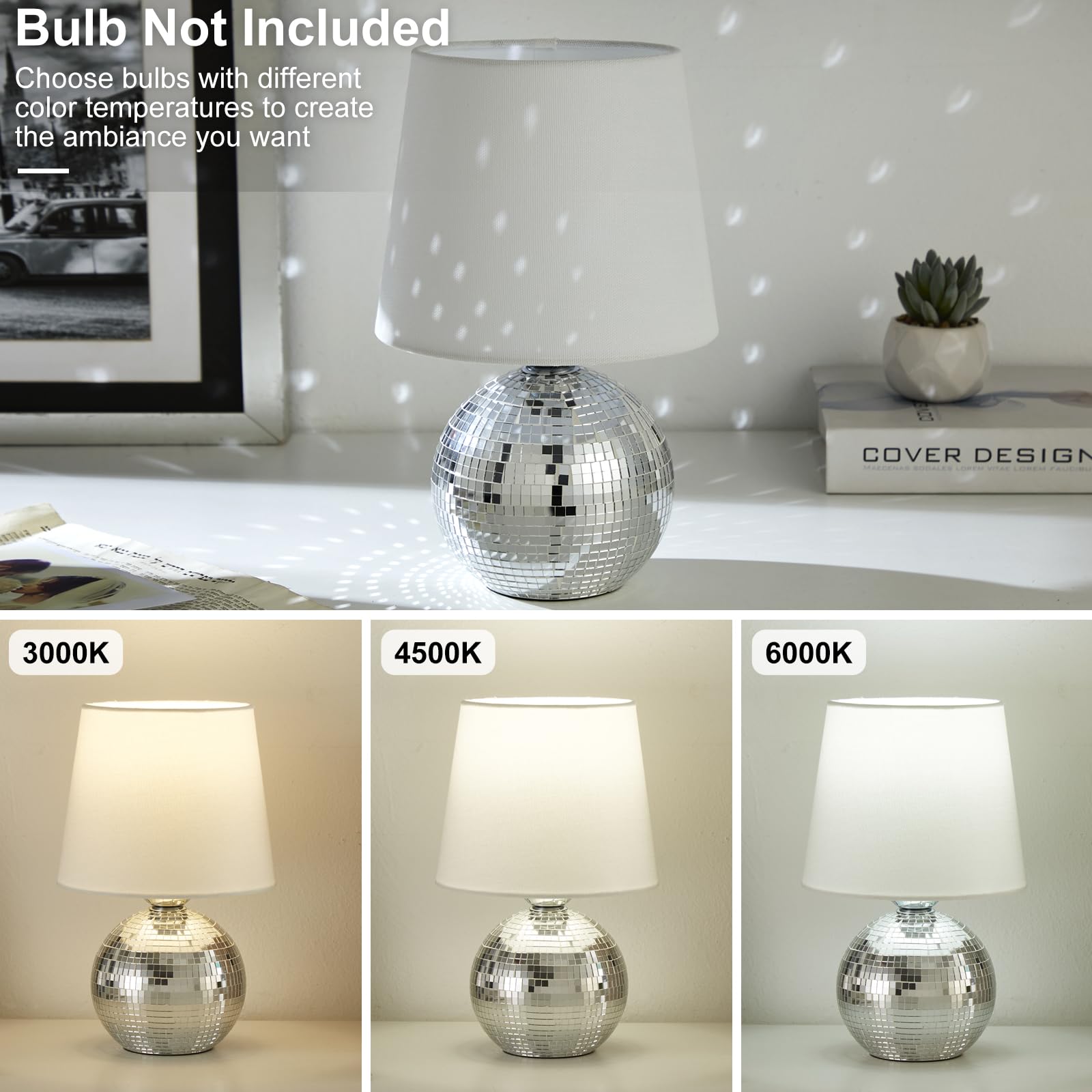 Saiweya 10.5" Disco Ball Lamp Small Funky Lamp-Mini Table Lamps Bedside Nightstand Light For Bedroom, Living Room, Office, Birthday Festival (Sliver)