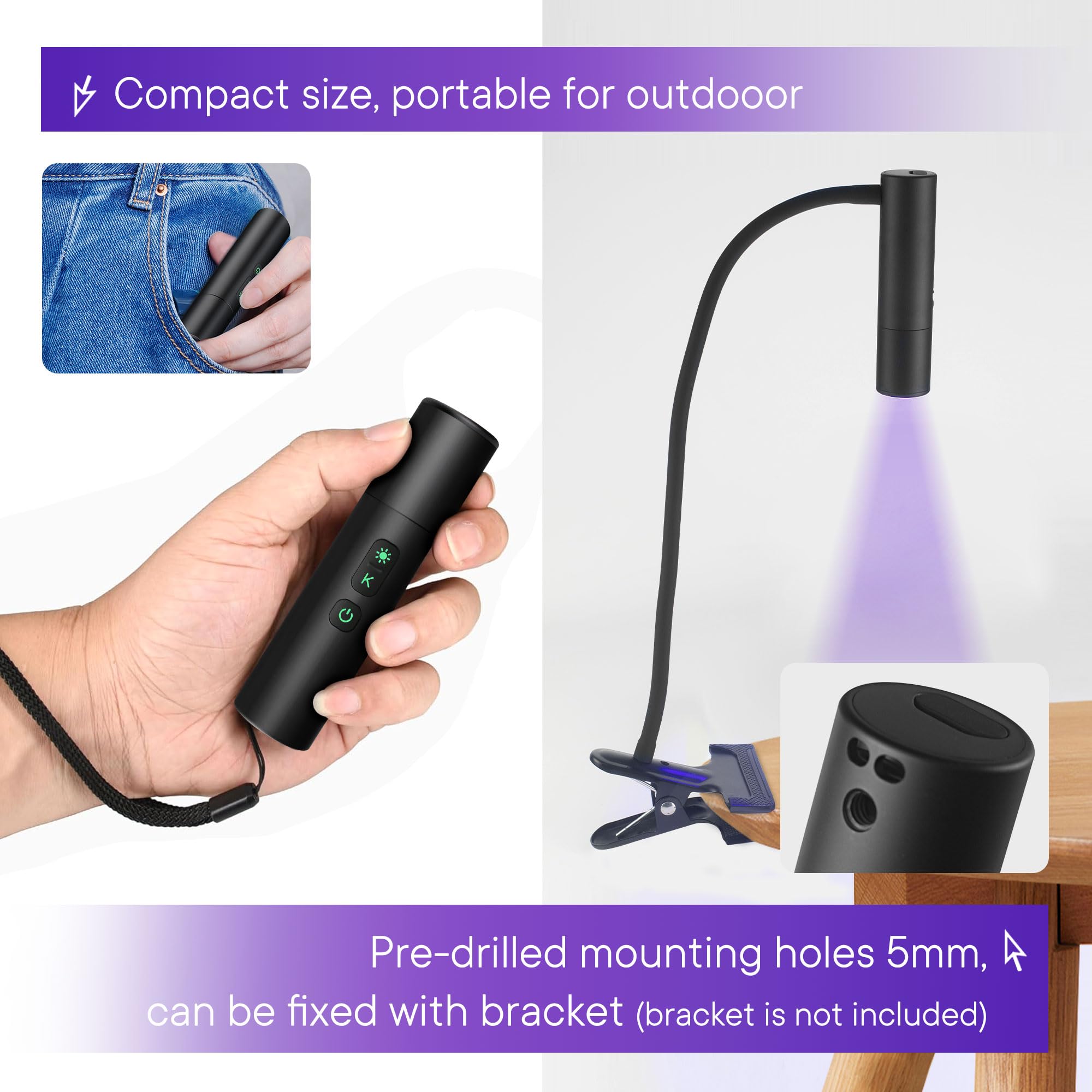 Aiffoto Uv Flashlight, Portable Black Light 2000Mah Rechargeable Flashlight, 365Nm, 395Nm, 7000K 3-In-1 Led Light Zoomable, For Uv Resin Curing, Pet Urine Detector, Fluorescent Detection, Outdoor