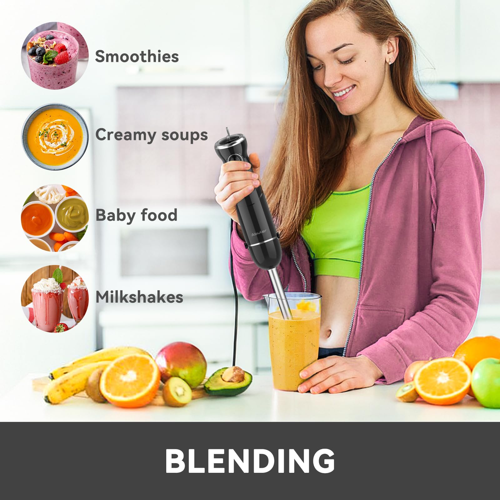 Abuler Immersion Blender Handheld, 800W Scratch Resistant Hand Blender, 5 In 1 Emulsifier Blender Mixer, Bpa- 12 Speed Stick Blender, Beaker, Chopper, Whisk, Frother, For Soup, Sauce, Baby Food