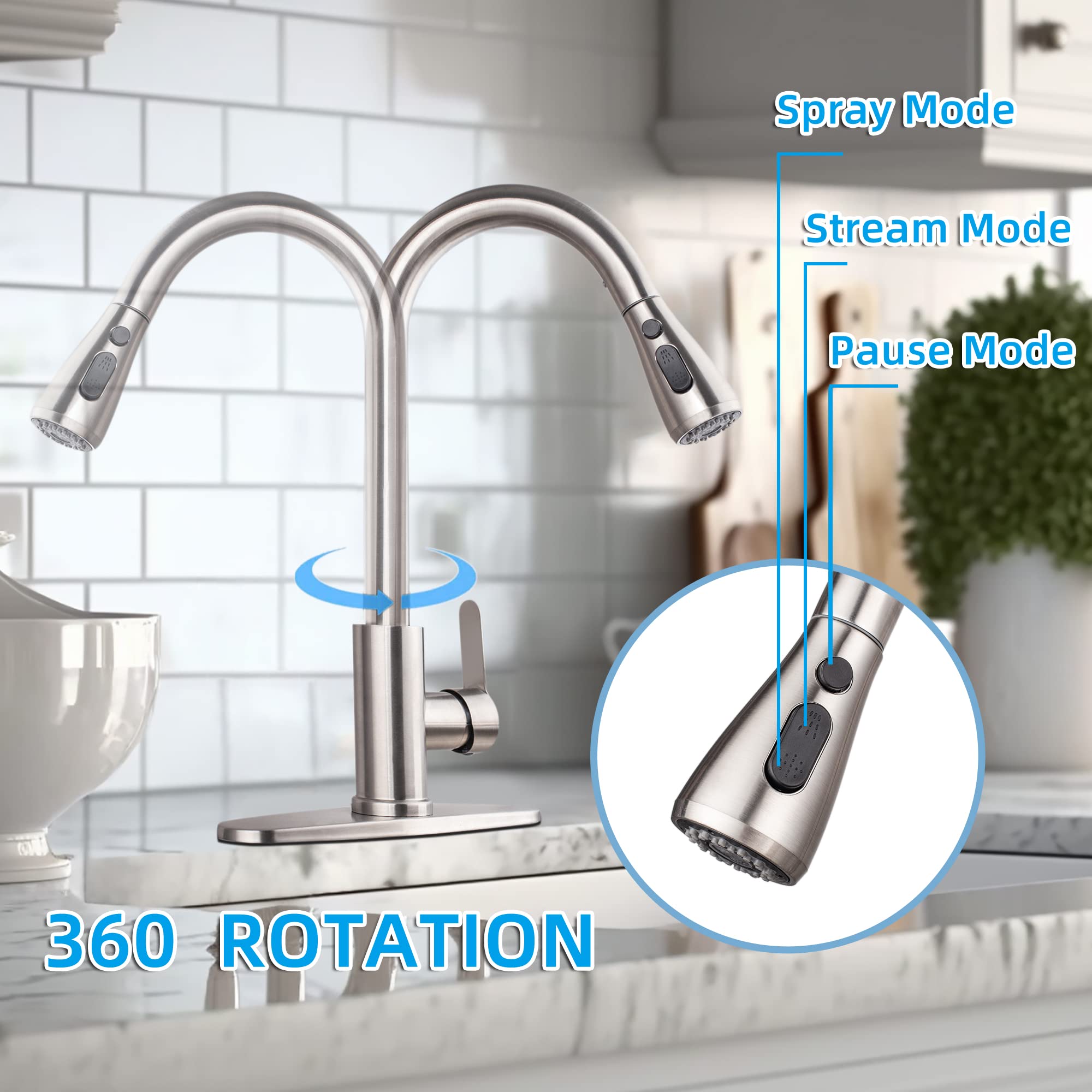 Ruhekⅴ Kitchen Sink Faucet With Pull Down Sprayer，Utility Rv Bar Sinks Deck Plate Home Handle Stainless Steel 360 High Arc Brushed Nickel Out Kitchens Tap Faucets (Silver)