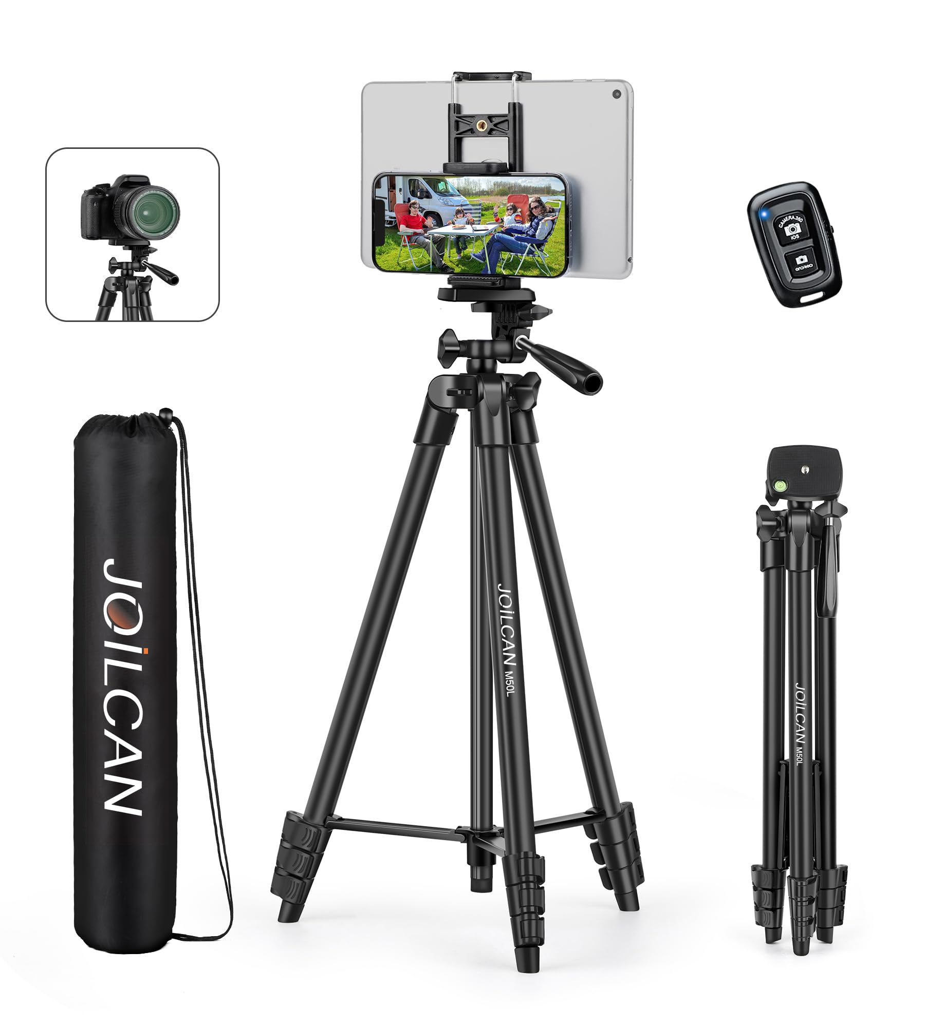 Joilcan 67" Tripods Camera Tripod, Phone Tablet Tripod For Video Recording Vlog Photo With Remote Carry Bag, Aluminum Lightweight Travel Tripods