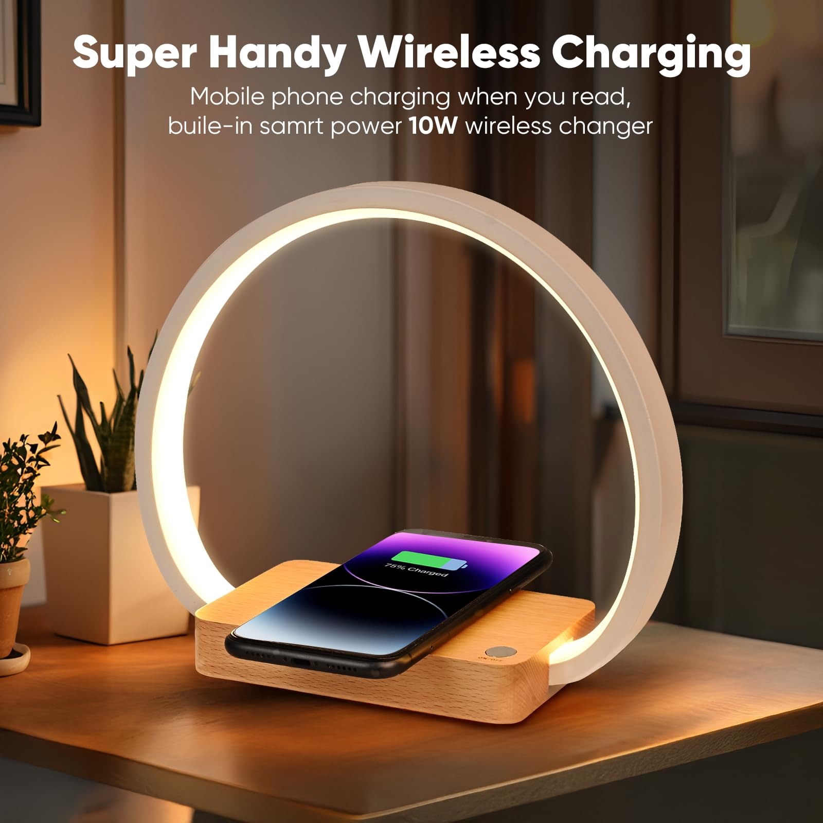 Lonrisway Wireless Charging Bedside Lamp,Premium Wooden Nightstand Light For Bedroom,Nursery Touch-Control Desk Lamp,Ideal Choice,Stepless Dimming& 3 Color Temps
