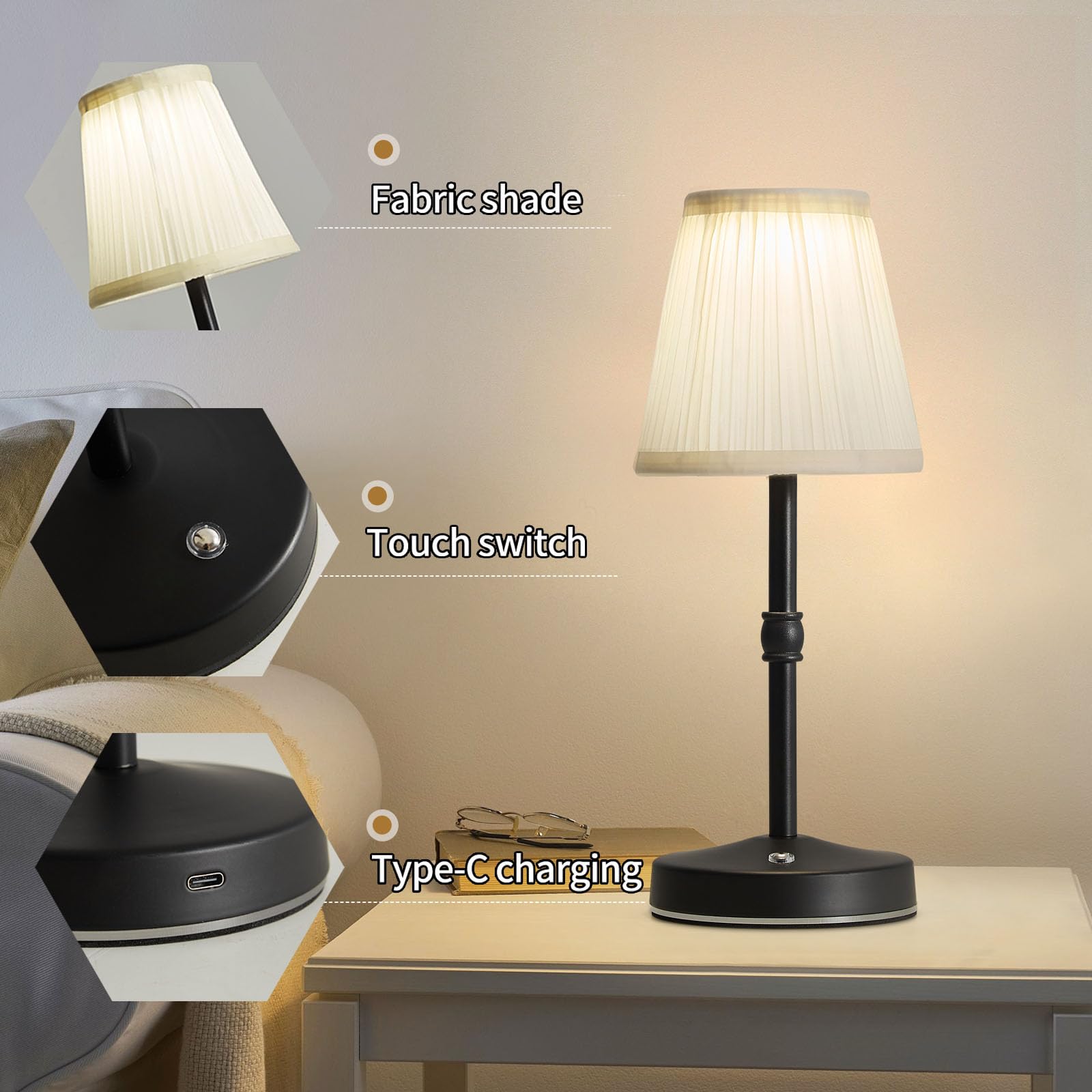 Kpshine 5W Led Cordless Lamps Rechargeable,3000Mah Battery Operated Table Lamp,3000K 2 Level Dimmable Mini Lamp,No Wire Antique Black Lamp,Cordless Lamps For Tables(Black,H11.4)