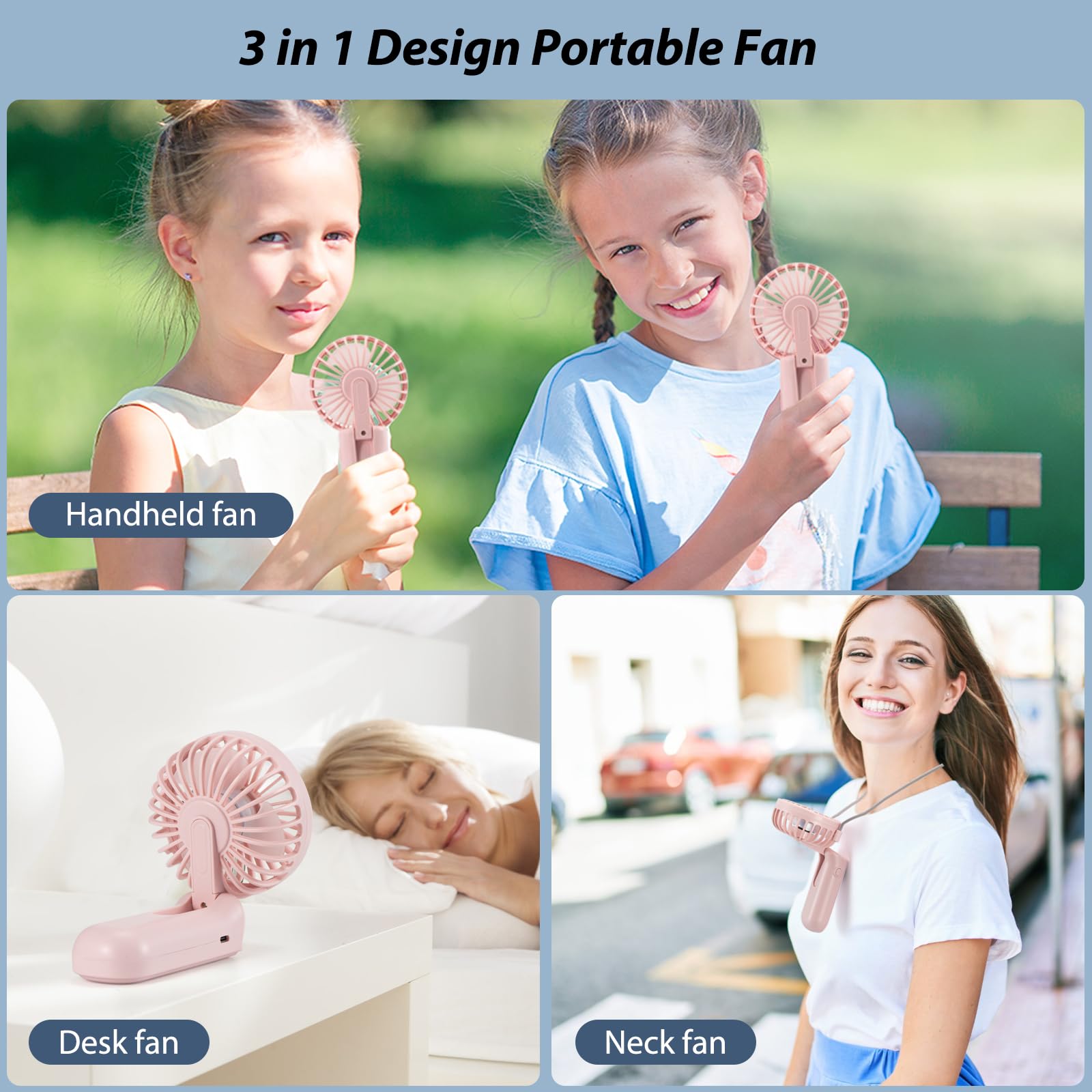 Mini Fan Handheld, Handheld/Neck/Desk 3 In 1 Rechargeable Small Portable For Travel, 2400Mah Battery