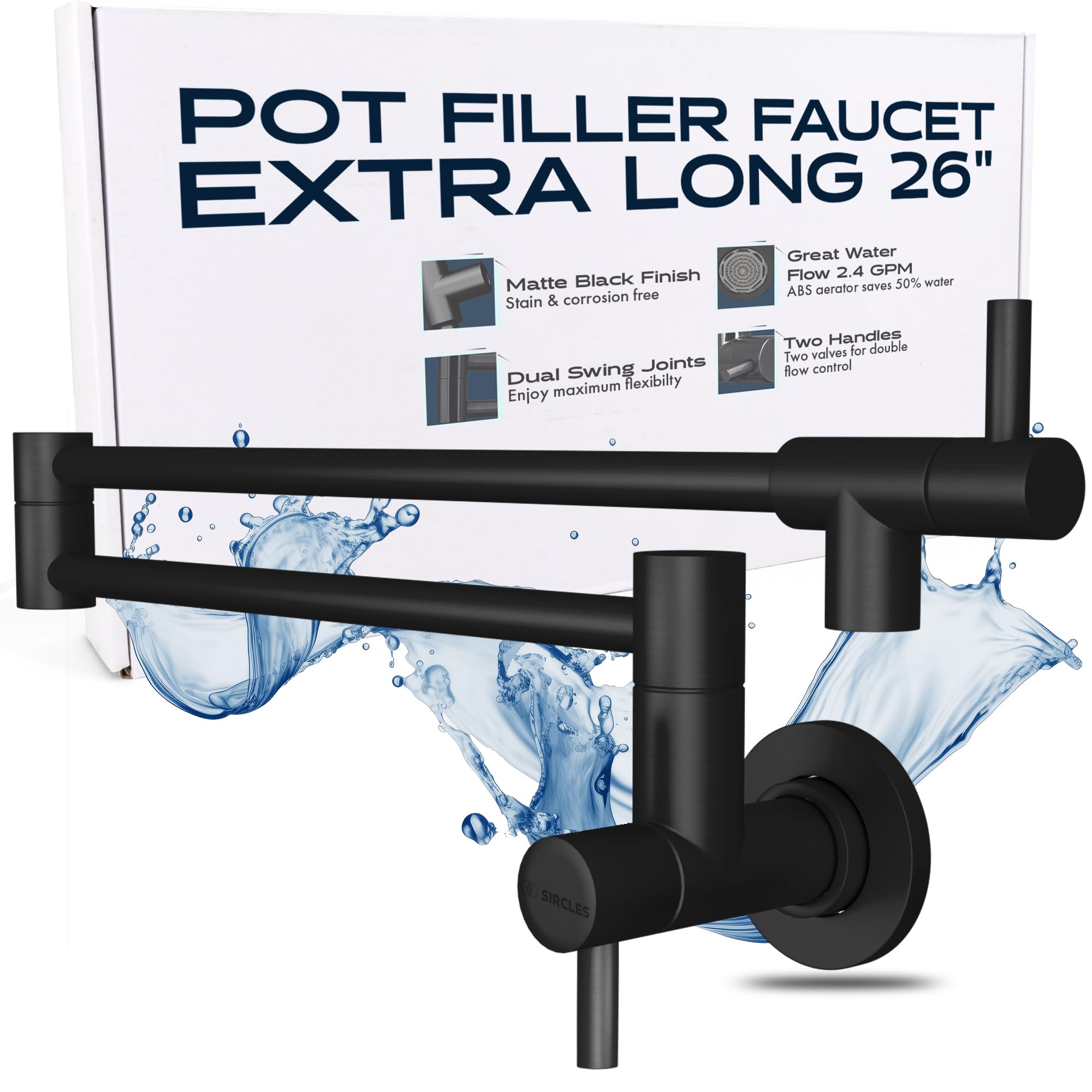 Sircles Pot Filler Faucet - Matte Black Finish - Extra Long 26-Inch - Wall Mount Stainless Steel - Dual 360° Swing Joints - Teflon Tape & Extra Cartridge Included