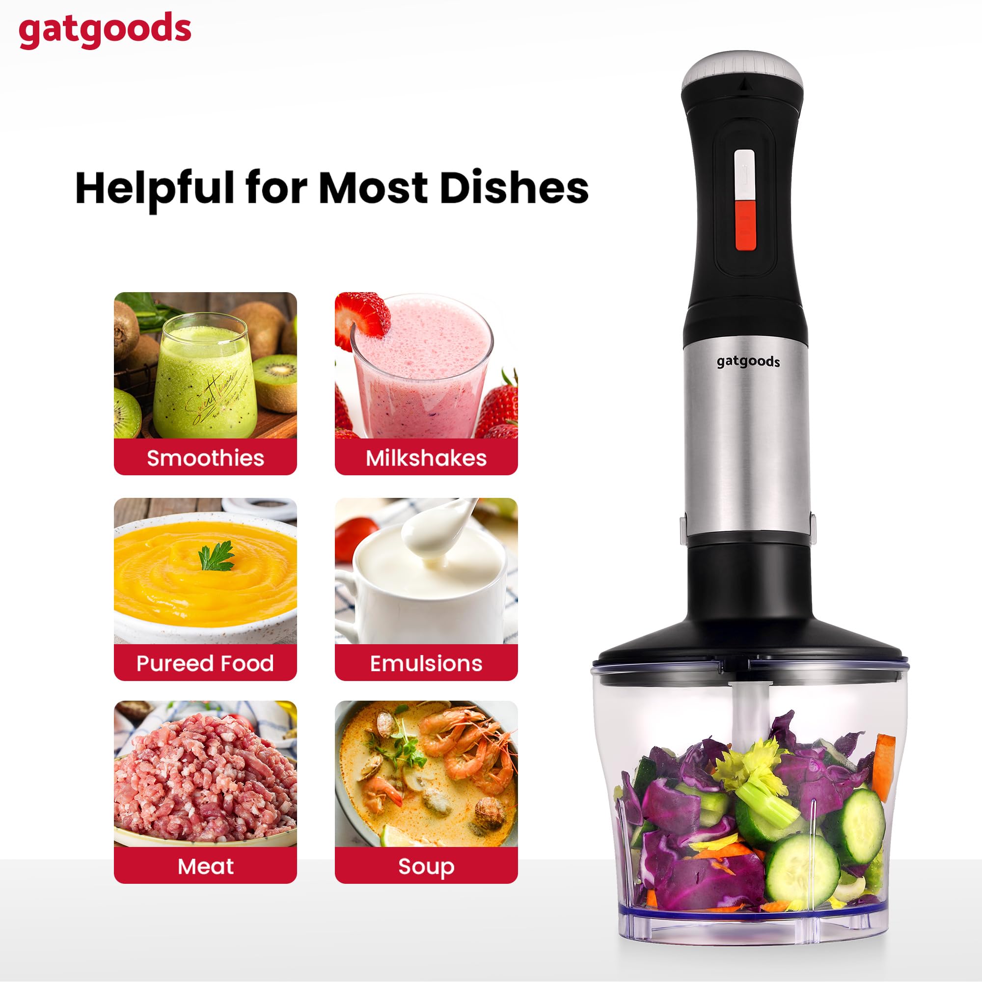 Gatgoods Immersion Blender Corded Hand Blender With Variable Speed, Turbo Mode & Attachments For Whisking, Chopping, Frothering, Pureeing & Emulsions