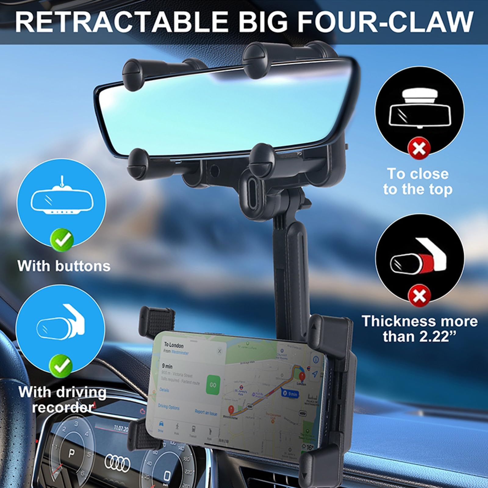 Kelofam Phone Mount For Car,Car Rear View Mirror Phone Holder, Multifunctional 360°Rotatable And Retractable Tablet Holder For Car，Suitable For Iphone,Ipad,Samsung Z Fold 5 4, All Foldable Phones