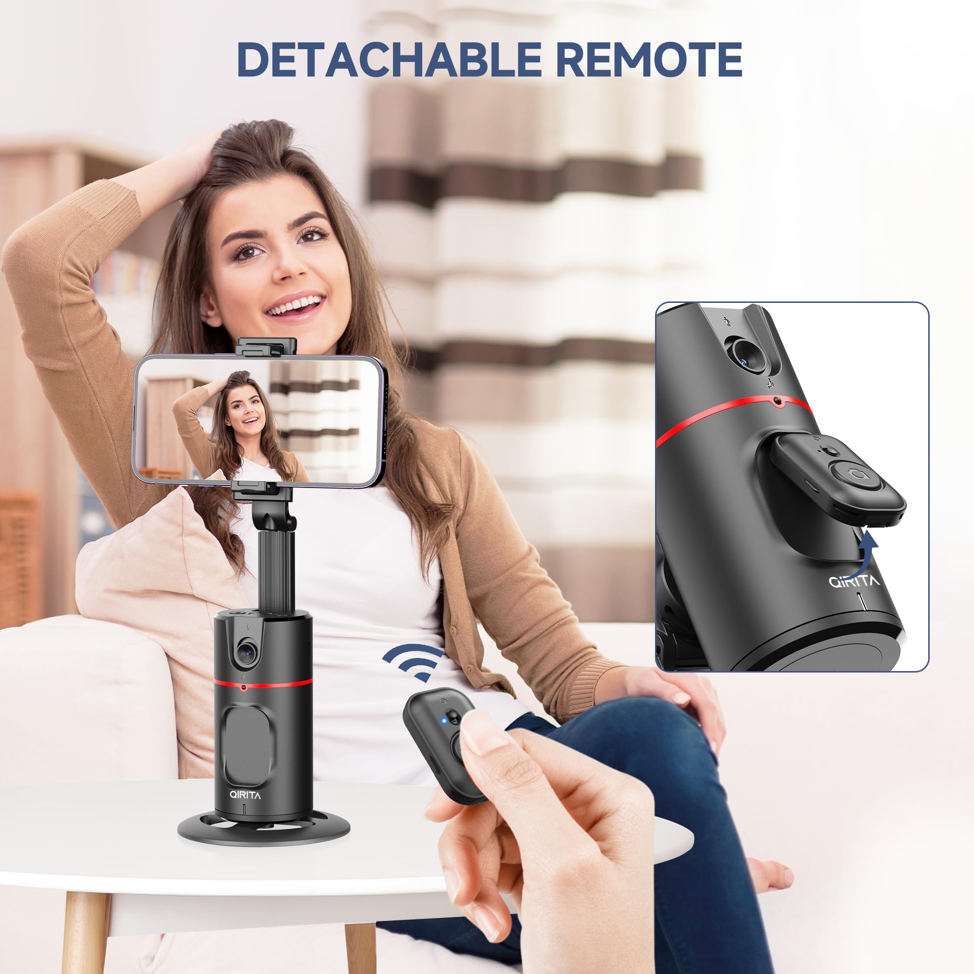 Qirita Auto Face Tracking Tripod, No App, Smart Shooting Phone Holder With Remote, 360° Rotation Body Phone Camera Mount Extendable Body Smart Tracking Tripod For Vlog/Tik Tok, Rechargeable Battery (Black)