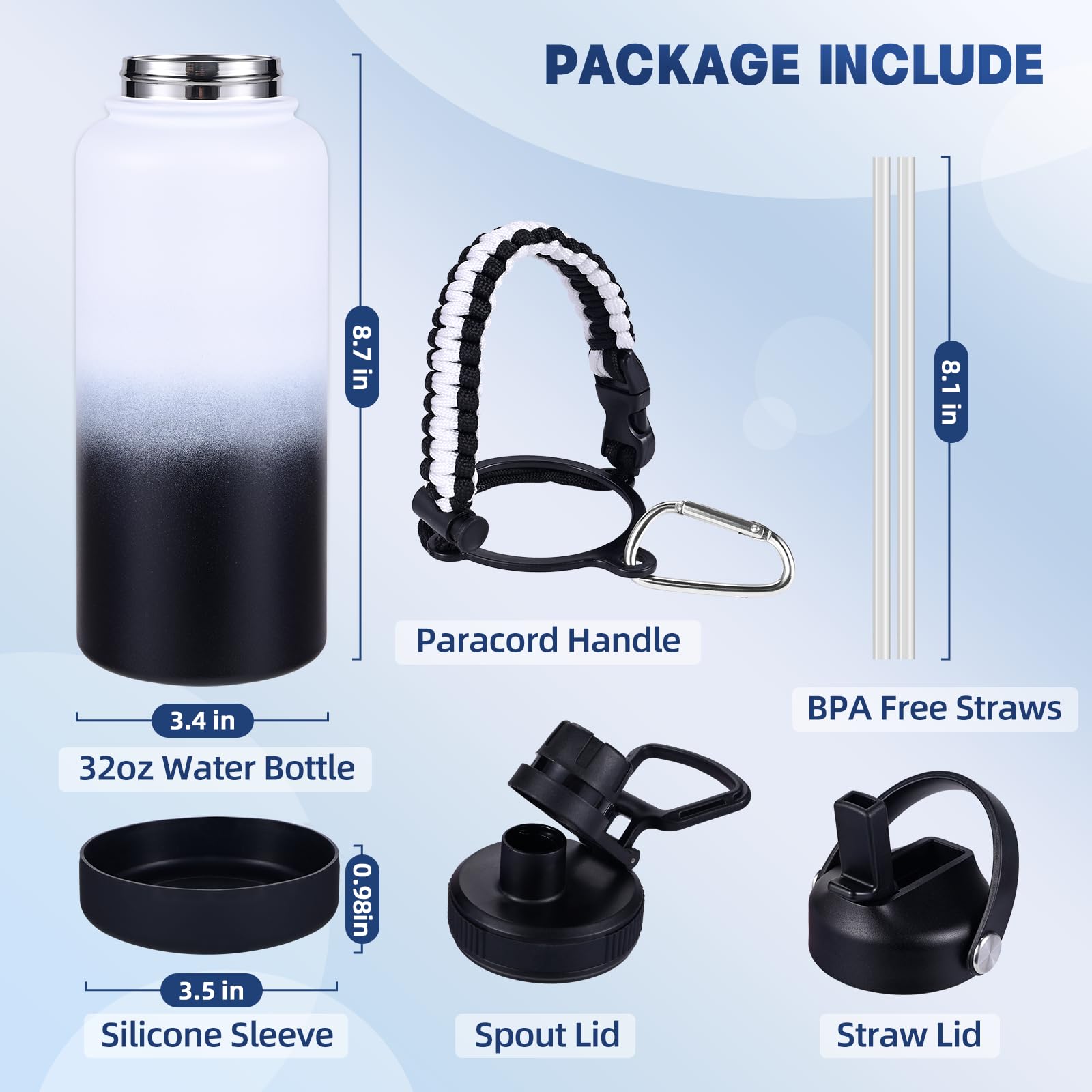 Insulated Water Bottle, 32 Oz Stainless Steel Wide Mouth Water Bottles With 2 Leak Proof Lid