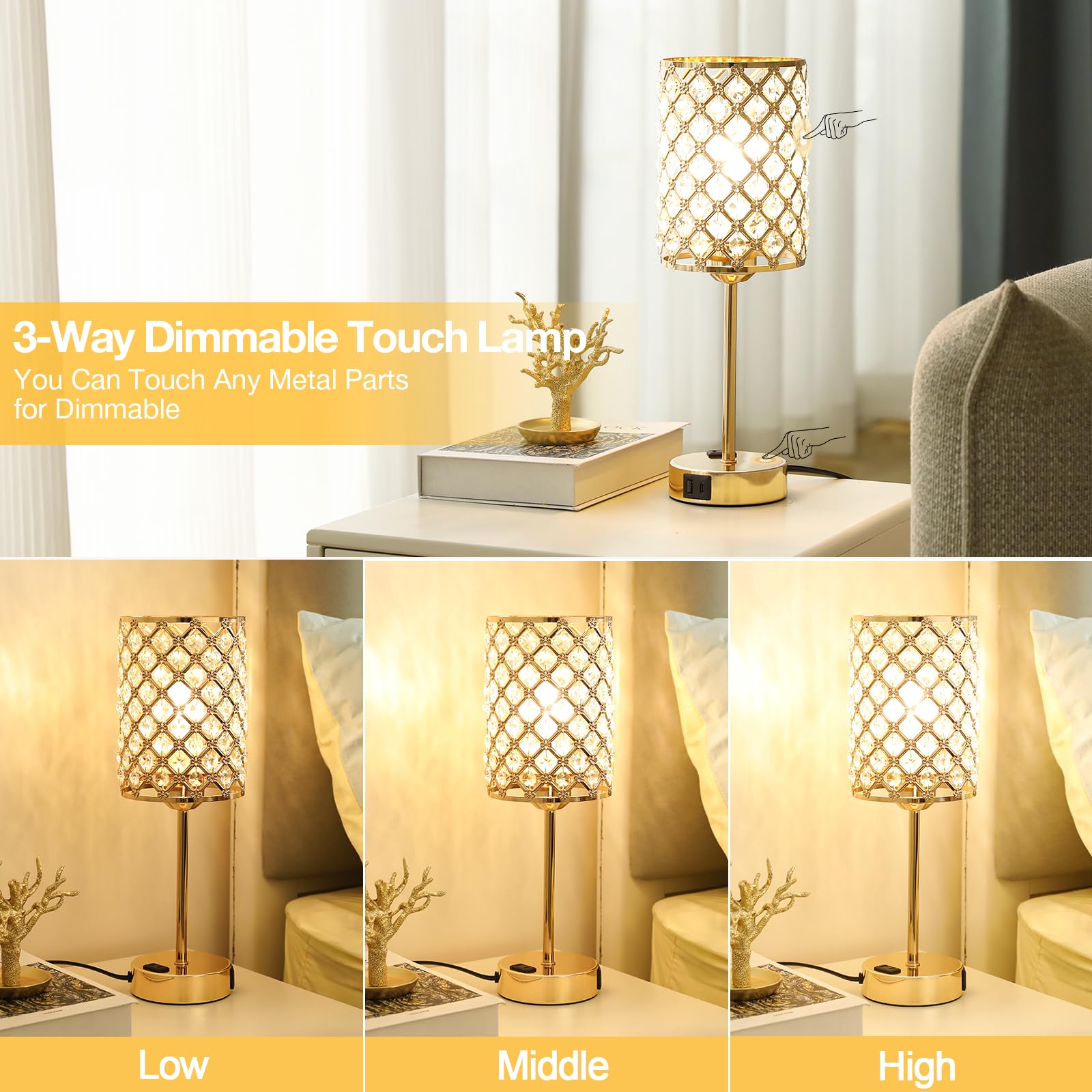Hong-In Gold Lamp For Nightstand-Crystal Table Lamp With Usb-C+A & Ac Charging Ports, 3-Way Dimmable Nightstand Touch Lamp, Bedside Desk Lamp For Bedroom Living Room Home
