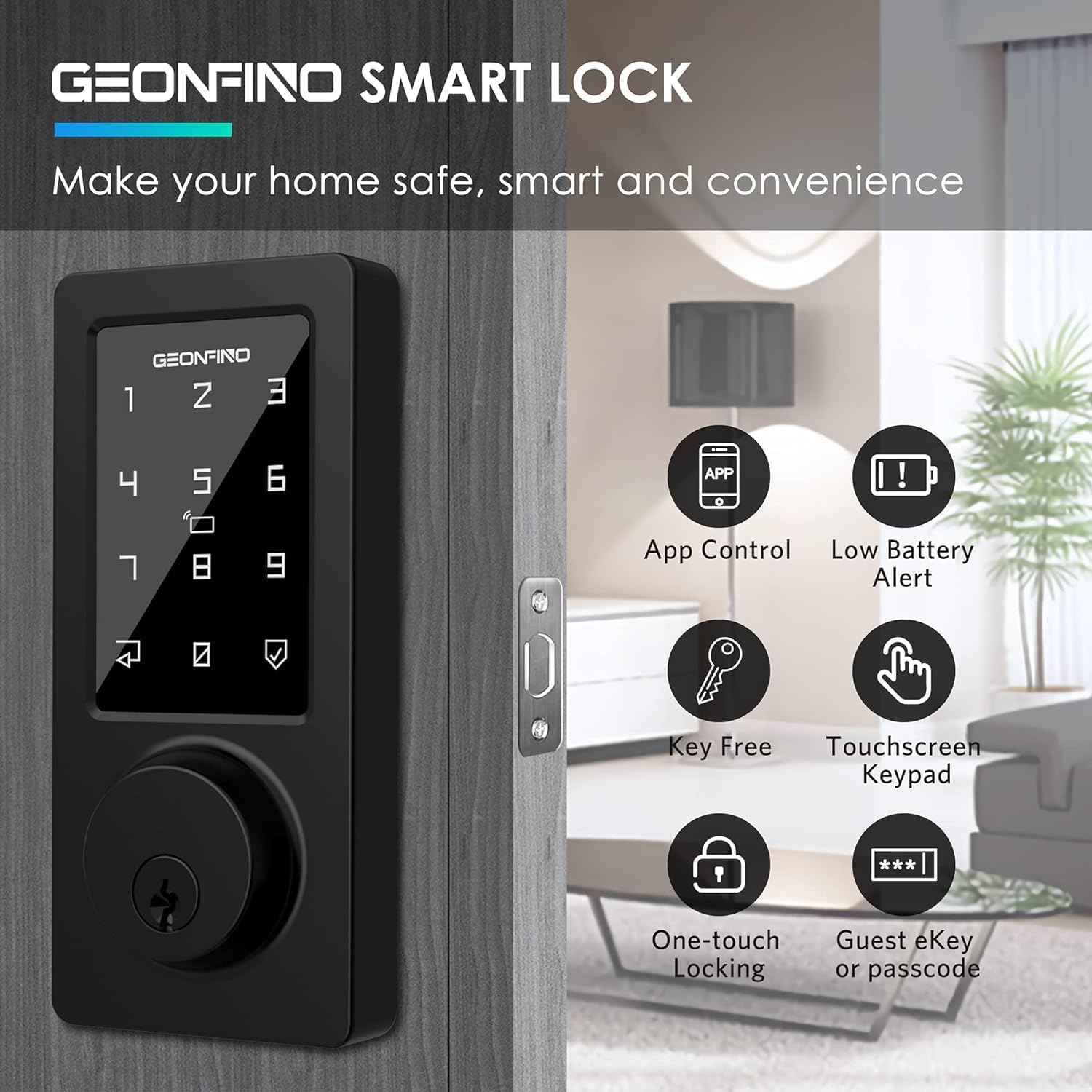 Geonfino Smart Door Lock Keyless Entry Door Lock With Handle, Black Fingerprint Lock, Smart Deadbolt For Home, Apartment