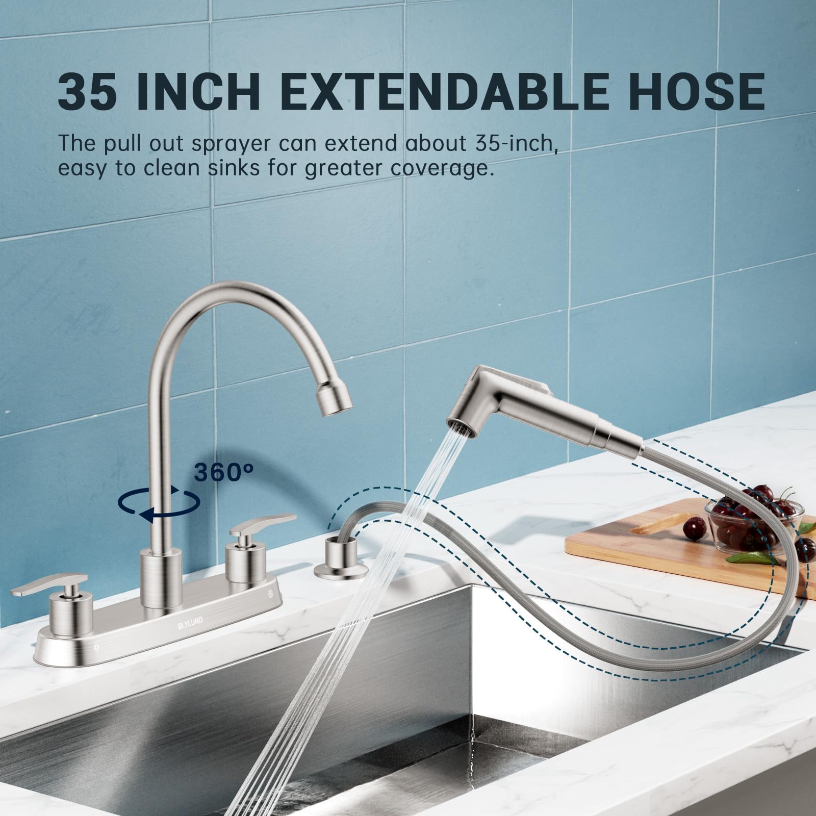 Blylund Kitchen Faucet With Side Sprayer, Brushed Nickel High Arc 8 Inch Centerset 2 Handles Stainless Steel Kitchen Sink Faucets For 4 Holes, Commercial Rv Laundry Utility Kitchen Faucet