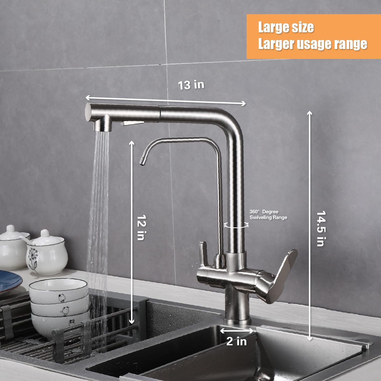 Piiripple 3 In 1 Water Filter Purifier Faucets,Kitchen Sink Faucet With Pull Down Sprayer 2 Handle,Brass Drinking Water Faucet,Brushed Nickel