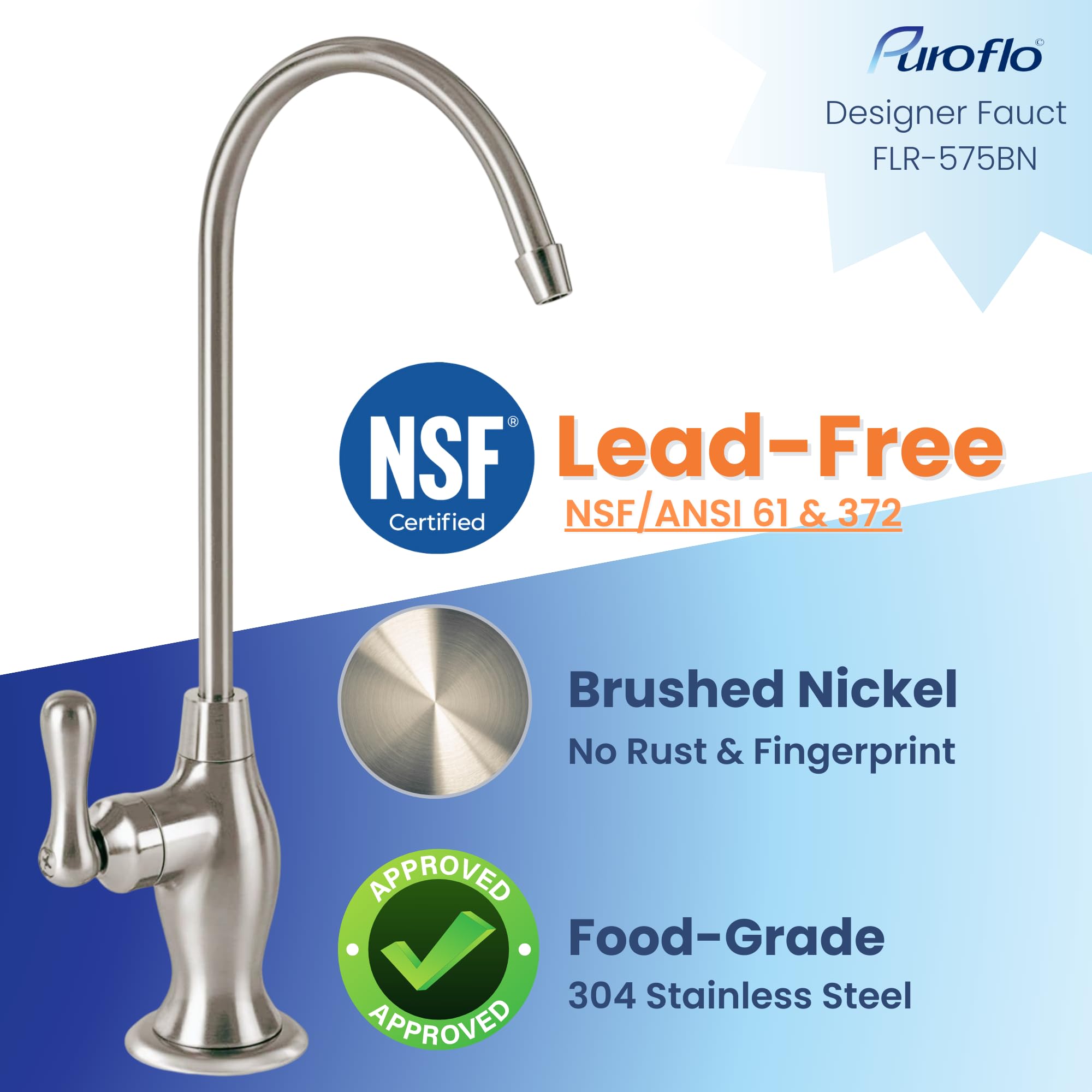 Puroflo Brushed Nickel Reverse Osmosis Faucet, Nsf , Non‑Air Gap For Under Sink Water Filtration System, Ro System Drinking Water Faucet, Flr-575Bn