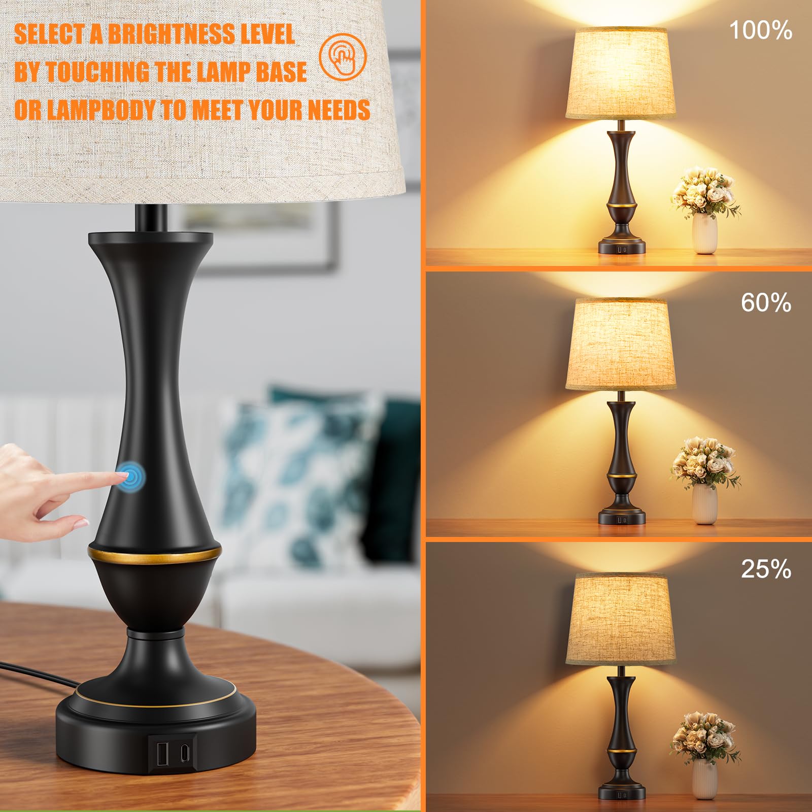 Seealle Touch Lamps For Night Stands Set Of 2 - Bedside Lamps With Usb C+A, 3 Way Dimmable For Bedroom Living Room End Tables Office