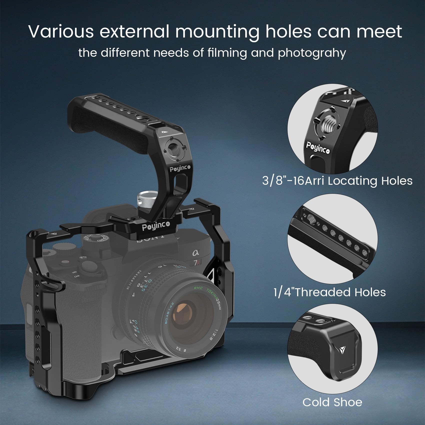 Poyinco Top Handle With 1/4" Threaded Stud 3/8" Threaded Stud With Arri Dowel Pin, Silicone Handle With 1/4" 3/8" Thread And 2 Cold Shoes Jn-107B