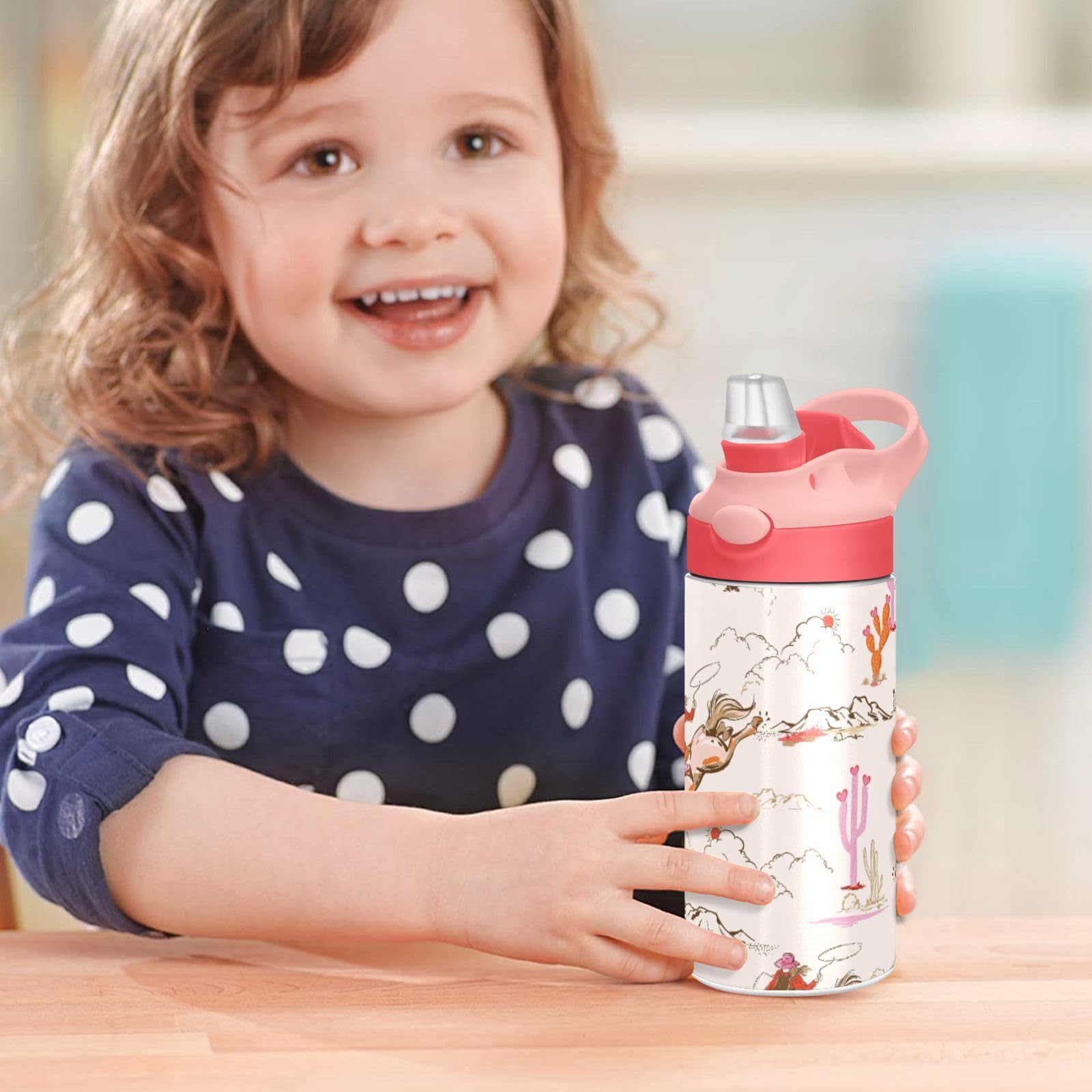 Cute Rodeo Cowgirl Kids Water Bottle, Insulated Stainless Steel Water Bottles With Straw Lid, 12 Oz