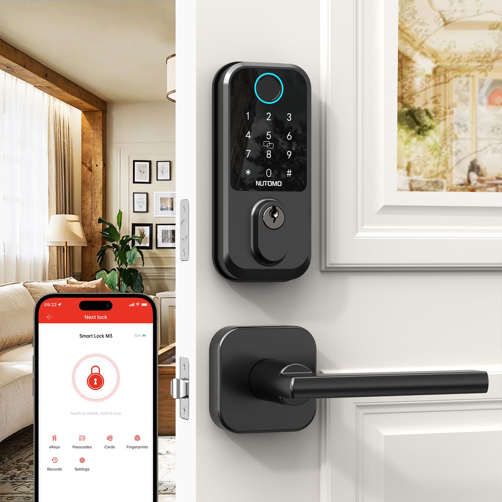 Nutomo Smart Front Door Lock Set: Keyless Entry Fingerprint Deadbolt With Handle Set Digital Keypad Door Locks Alexa App Remote Control Auto Lock Black