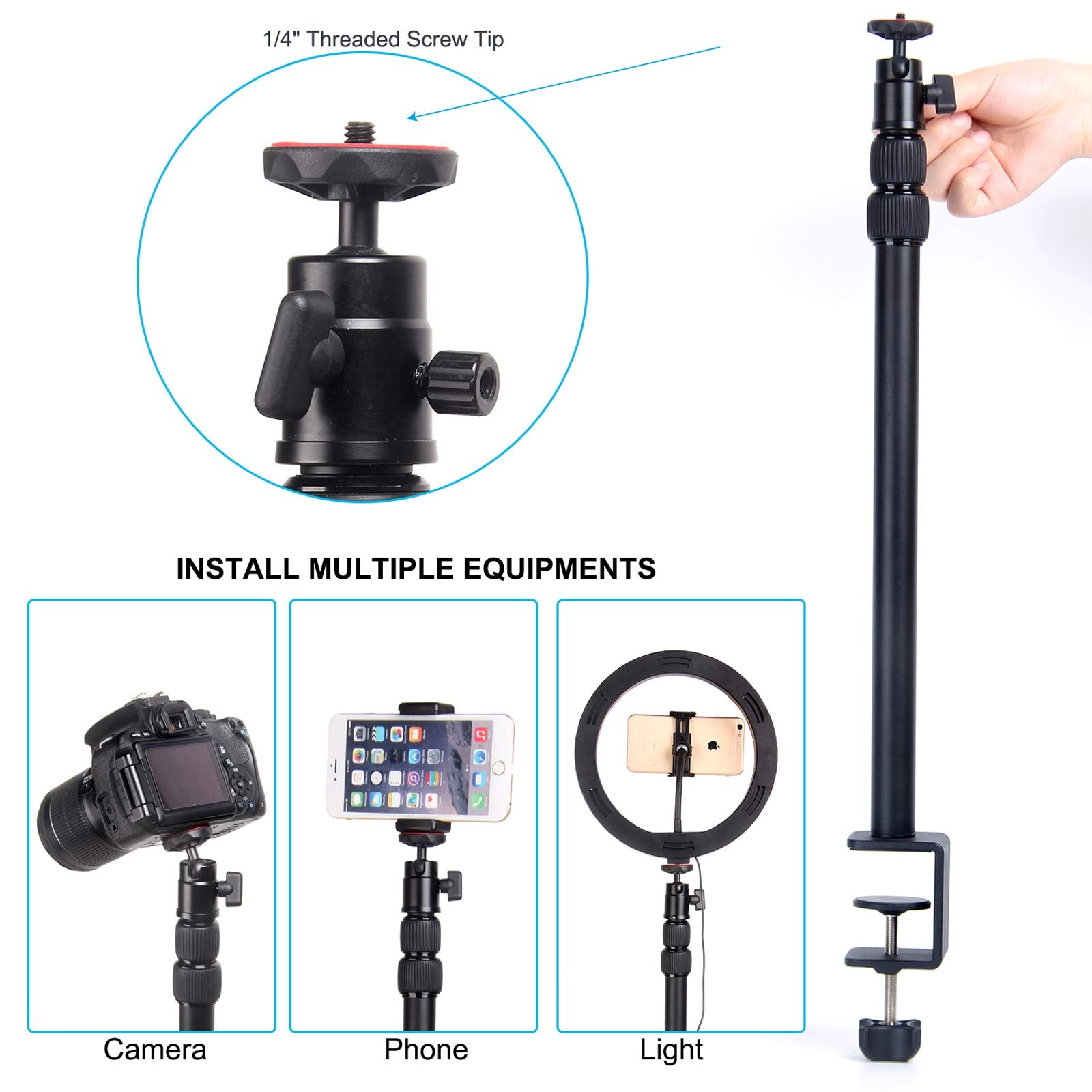 Regetek Desk Camera Mount Desk Mounting Stand With 360°Rotatable Ball Head, 16-33 Inch Tabletop Mount Stand, Aluminum Desktop Light Stand With 1/4 Screw For Dslr Camera, Ring Light, Desk Mount