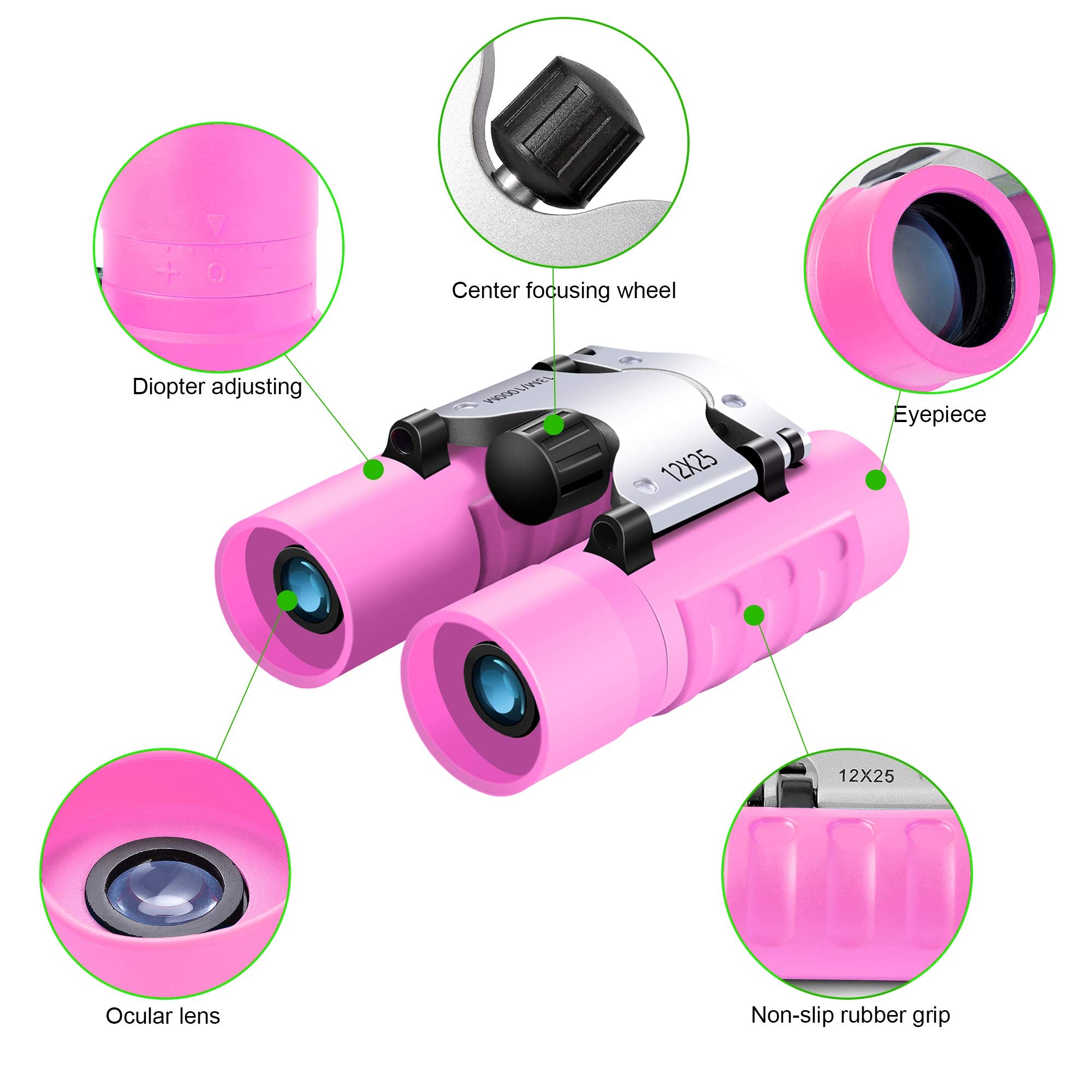 Wrnrn Compact High Resolution Shockproof Binoculars 12X25 Real Optics Small Lightweight Binoculars For Bird Watching, Camping, Hiking, Children, Boys, Girls 8-12 (Pink)