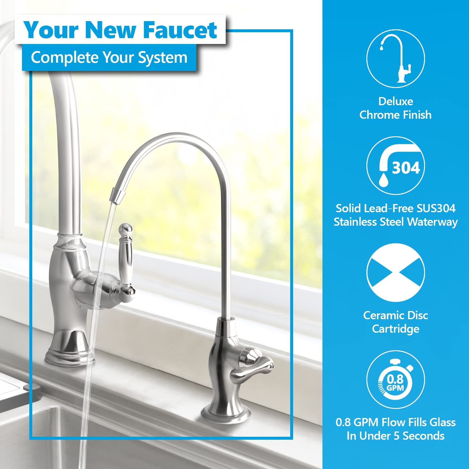 Express Water Deluxe Water Filter Faucet – Chrome Coke-Shaped Faucet – 100% Lead- Drinking Water Faucet – Compatible With Reverse Osmosis Water Filtration Systems