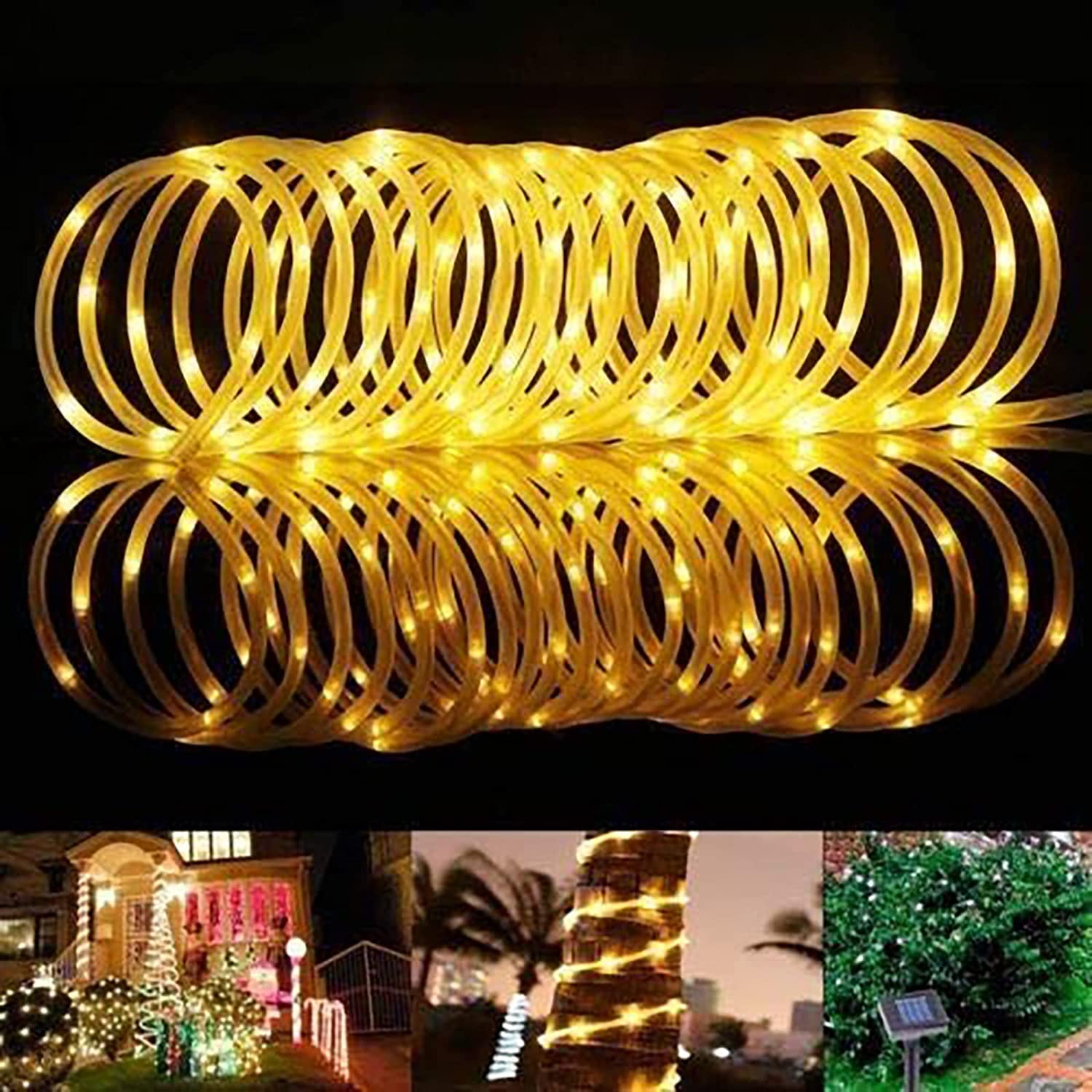 Lychee Solar Powered Outdoor Rope Light, 66Ft 200Led 8 Modes Ip65 Waterproof Large Powered Tube, Remote Control Timer String Lights For Holiday Christmas Party Decoration (Warm White)