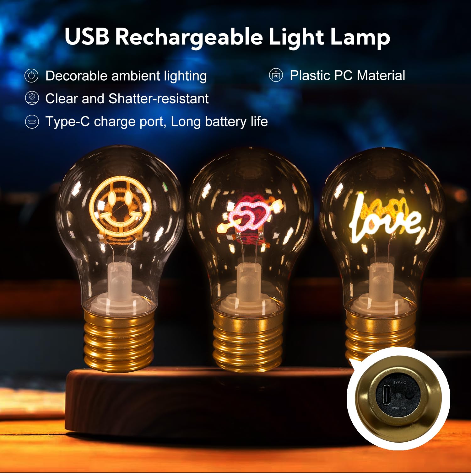 Storcfe Love Cordless Lightbulb, Warm Light Only, Rechargeable Usb-C Table Lamp, Pc Moon Light For Bedroom, Home Decor Night Light, For Mother'S Day, Mom, Wife, Husband, Family, Friends Etc