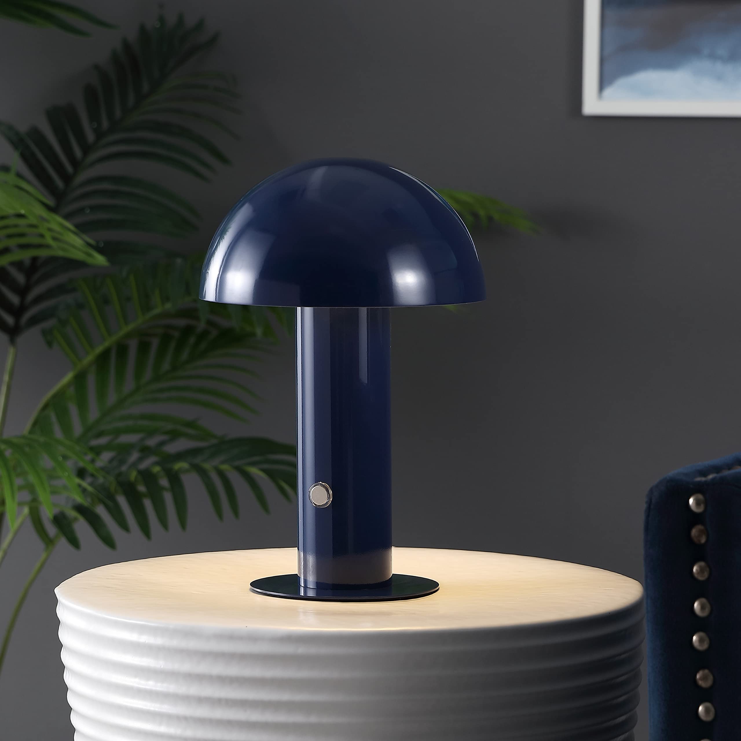 Jonathan Y Jyl7115E Boletus 10.75" Contemporary Bohemian Rechargeable/Cordless Portable Iron Integrated Led Mushroom Table Lamp Modern, Coastal Bedside Desk Nightstand Lamp, Navy