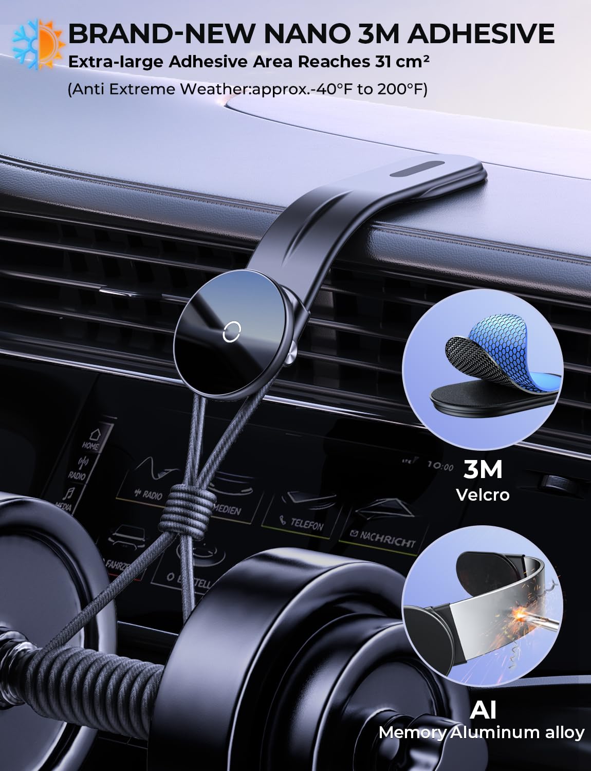 Arshot For Magsafe Car Mount Charger 15W Adjustable Aluminum Alloy Arm, Magnetic Wireless Fast Charging Cell Phone Holder For Car & For Iphone
