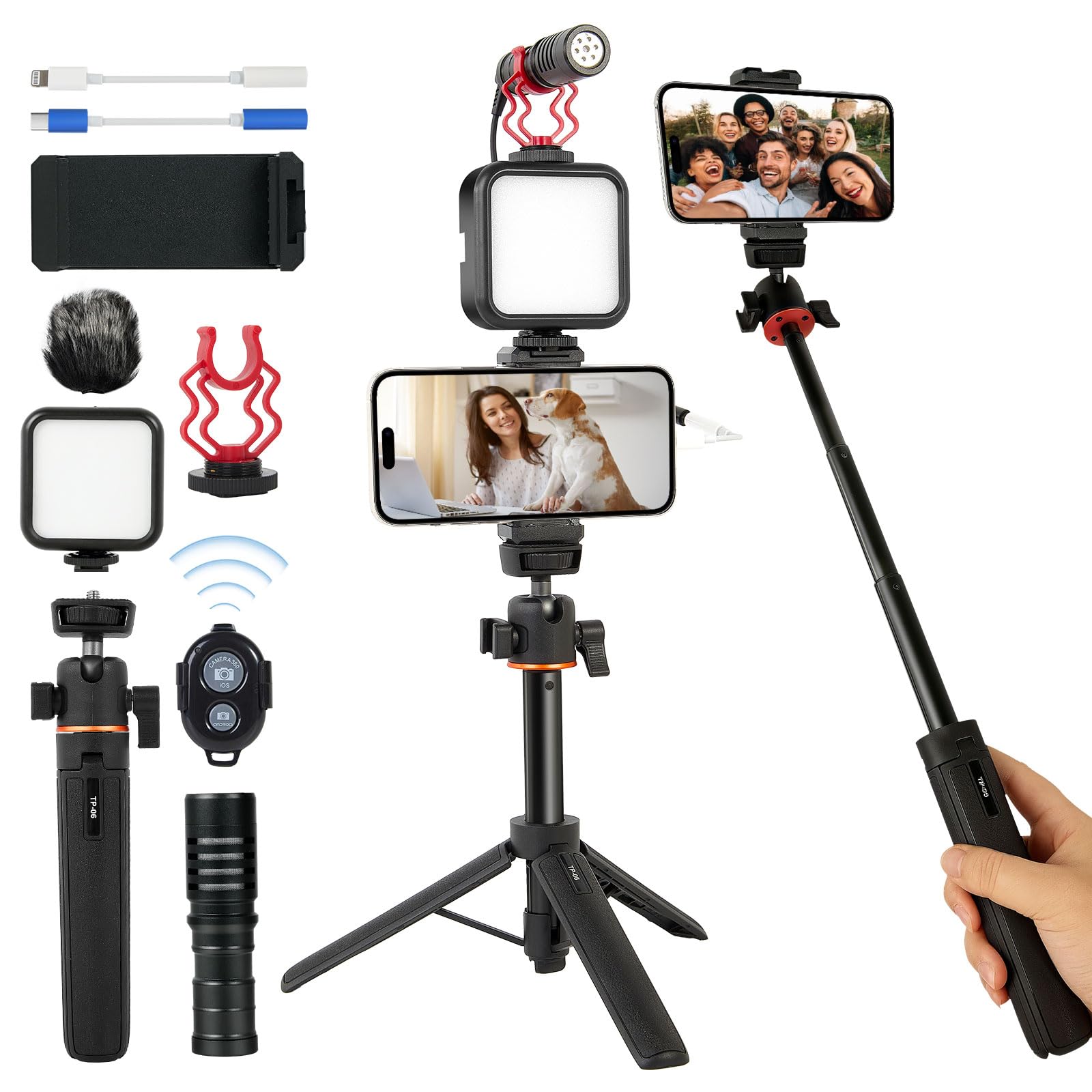 Kalofaye Vlogging Kit For Iphone, Android, Compatible Youtube Starter Kit For With Rechargeable Led Light + Microphone + Phone Clip + Multifunctional Tripod For Vlogging, Instagram, Tiktok