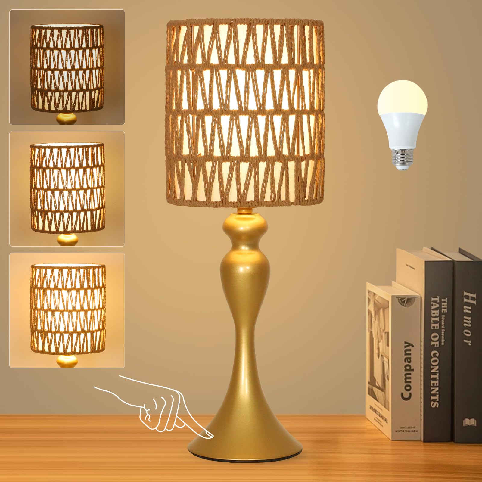 Eayaya Rattan Gold Table Lamp For Bedroom With Bulb, Boho Lamp For Night Stands, 3-Way Dimmable Touch Control Bedside Lamps, Mini Small Desk Lamp With Fabric Shade, Accent Side Table Lamp, Nightstand Lamp