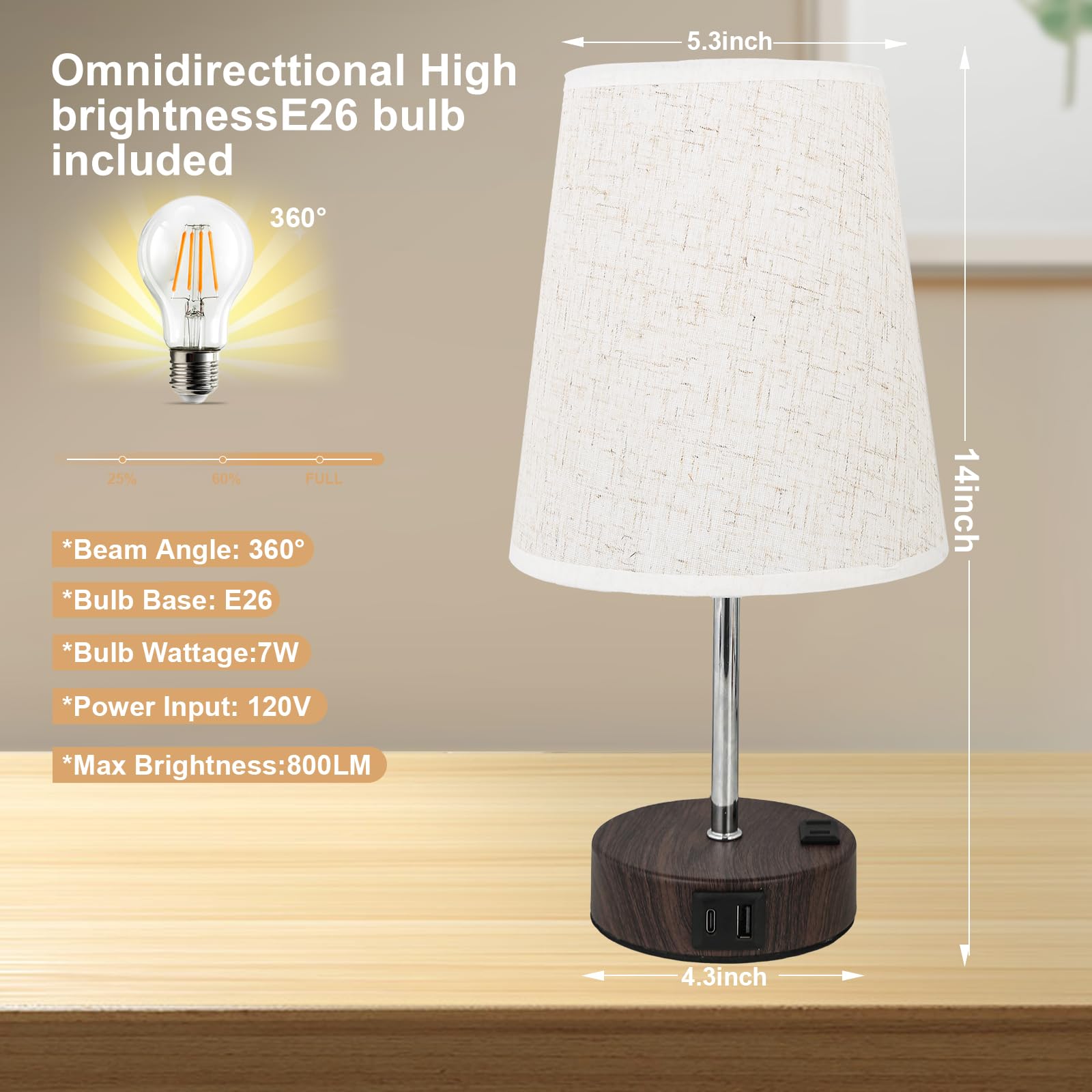 Novus Lighting Touch Table Lamp - 3 Way Dimmable Bedside Lamp With Usb-C Usb-A And Ac Charing Ports Wood Grain Base With Trapezoidal Linen Lampshade E26 Bulb Included (Cherry Wood Grain)