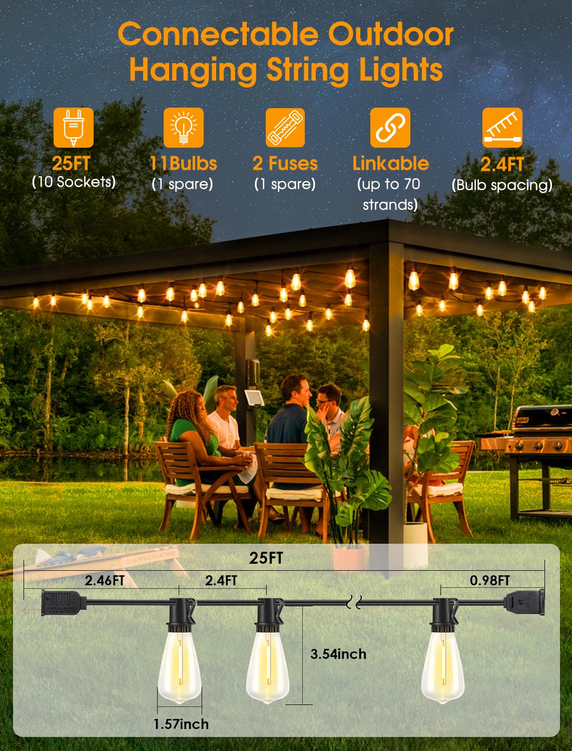 Larkvue 25Ft Outdoor String Lights, Patio Lights With 10+1 Led Dimmable Waterproof Shatterproof St38 Retro Edison 2700K Bulbs For Balcony Yard, Black