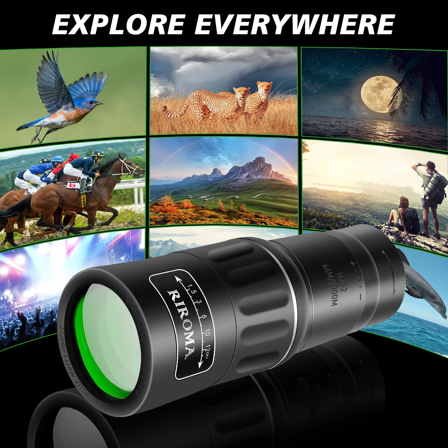 Riroma 16X52 Hd Monocular Telescope,High Power Compact Monoculars For Adults Kids, Hd Monocular Scope For Bird Watching Hiking Concert Travelling
